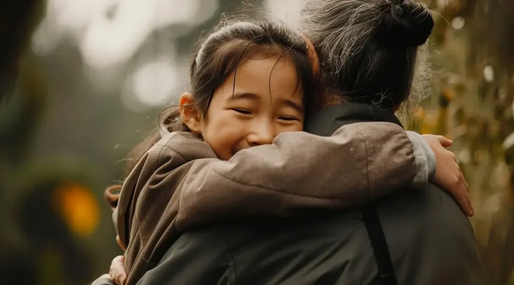 Young child smiling while hugging a parent outdoors, capturing a warm and affectionate family moment.