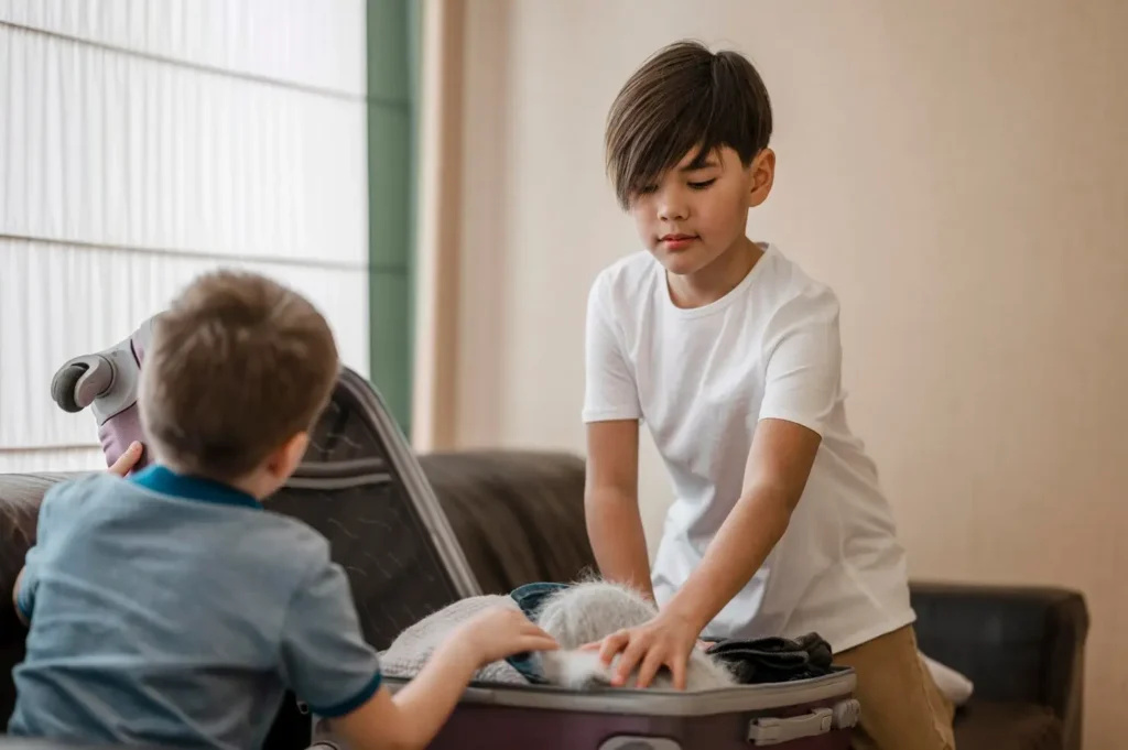 Two children packing a suitcase together indoors, representing shared responsibilities and family transitions.