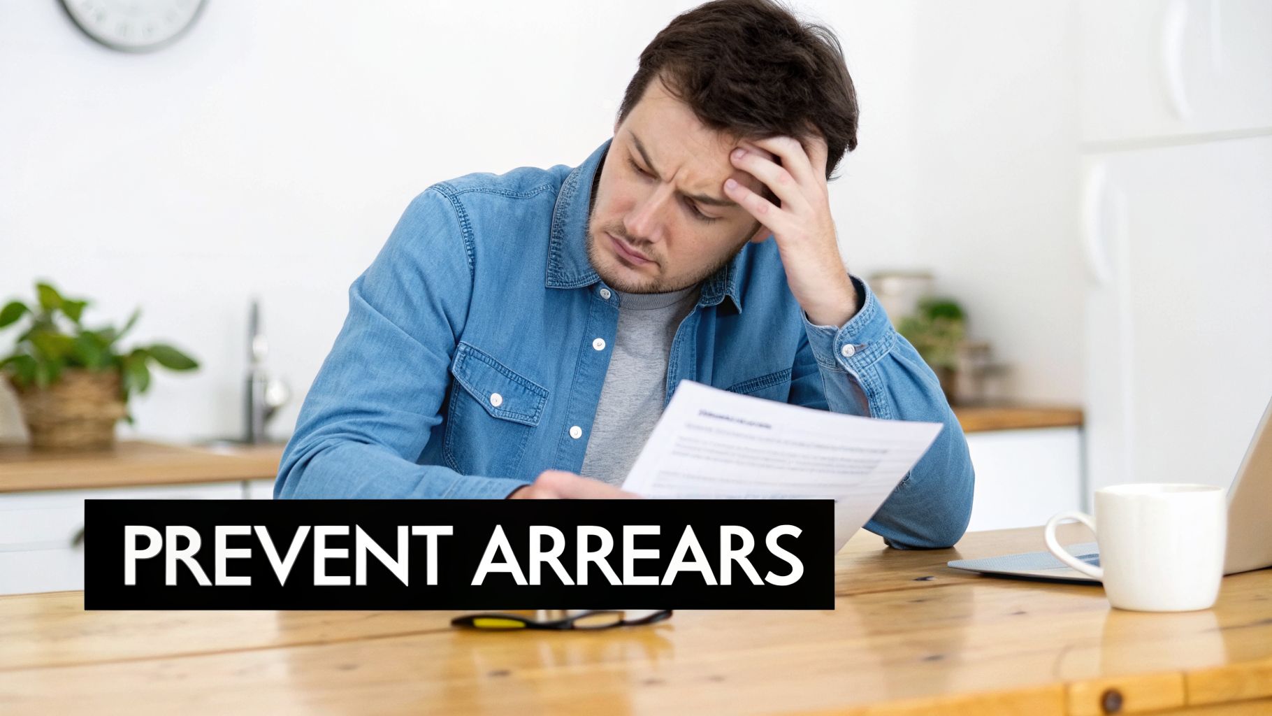 Stressed man reviewing a document at a table, with 'PREVENT ARREARS' text overlay.