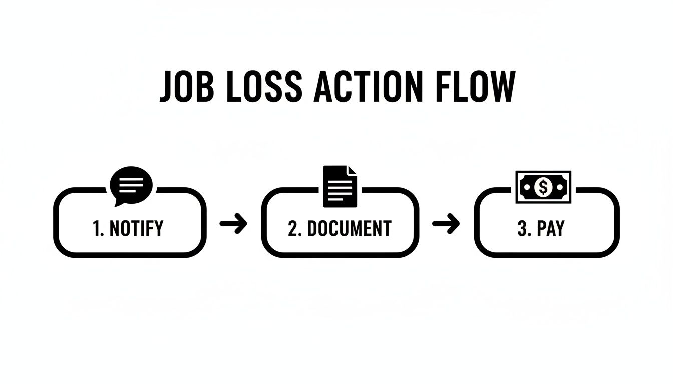 A workflow diagram outlines the steps following job loss: notification, documentation, and payment.
