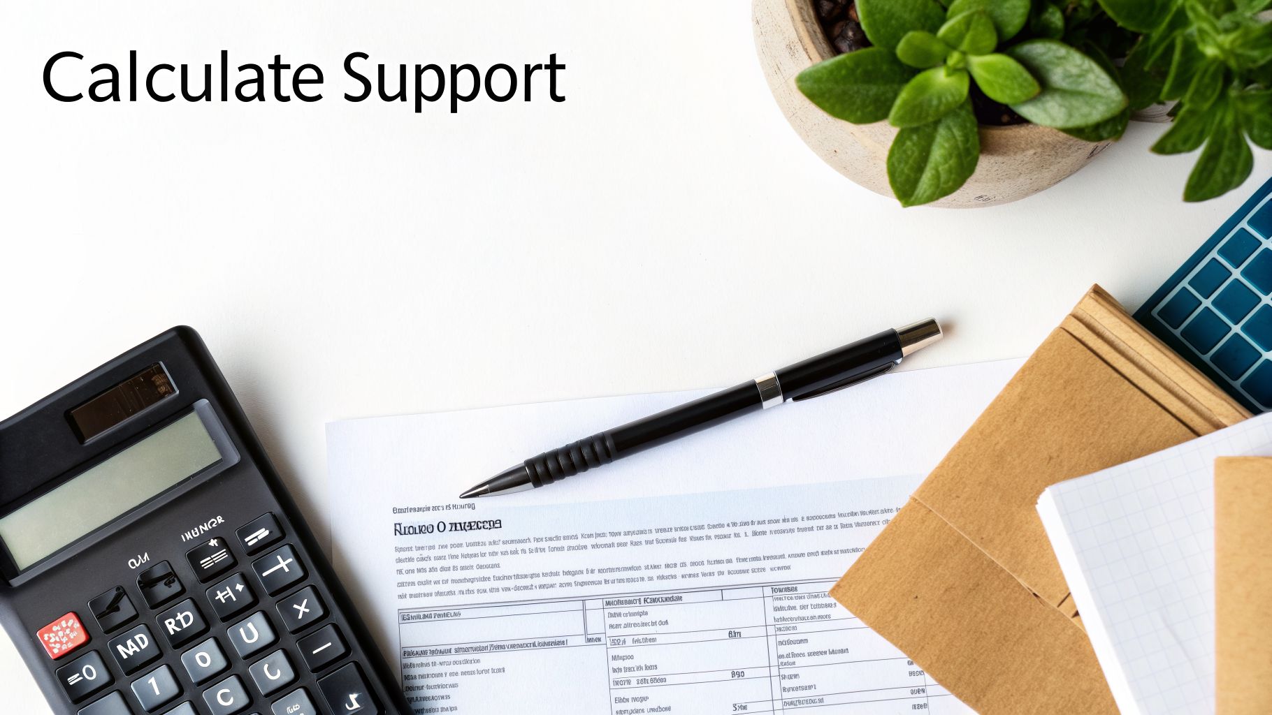 A calculator, pen, and document on a white desk with a plant, symbolizing financial calculations like child support.