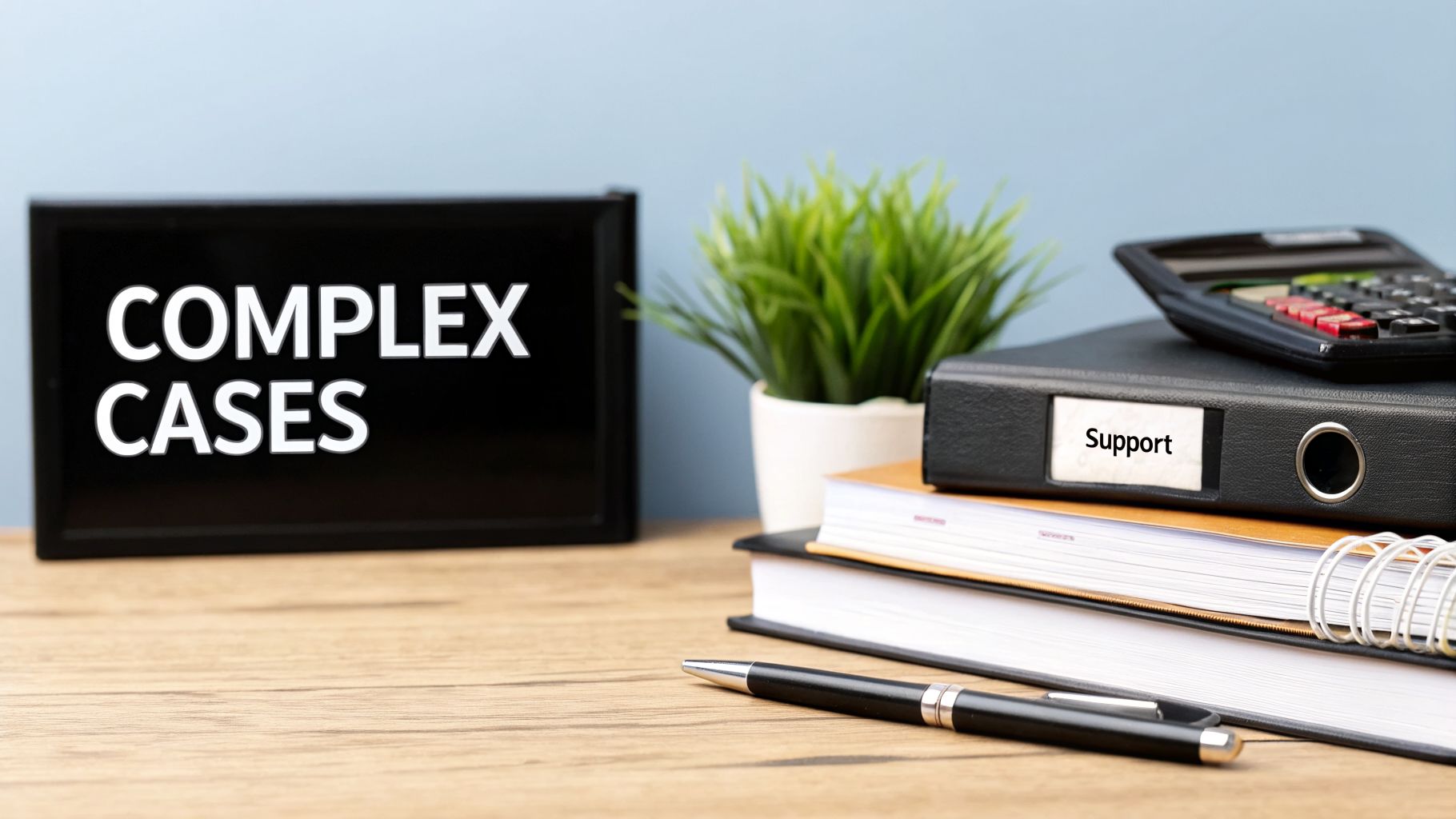A desk with a sign reading 'COMPLEX CASES', a 'Support' binder, calculator, and pen, symbolizing legal or business support.