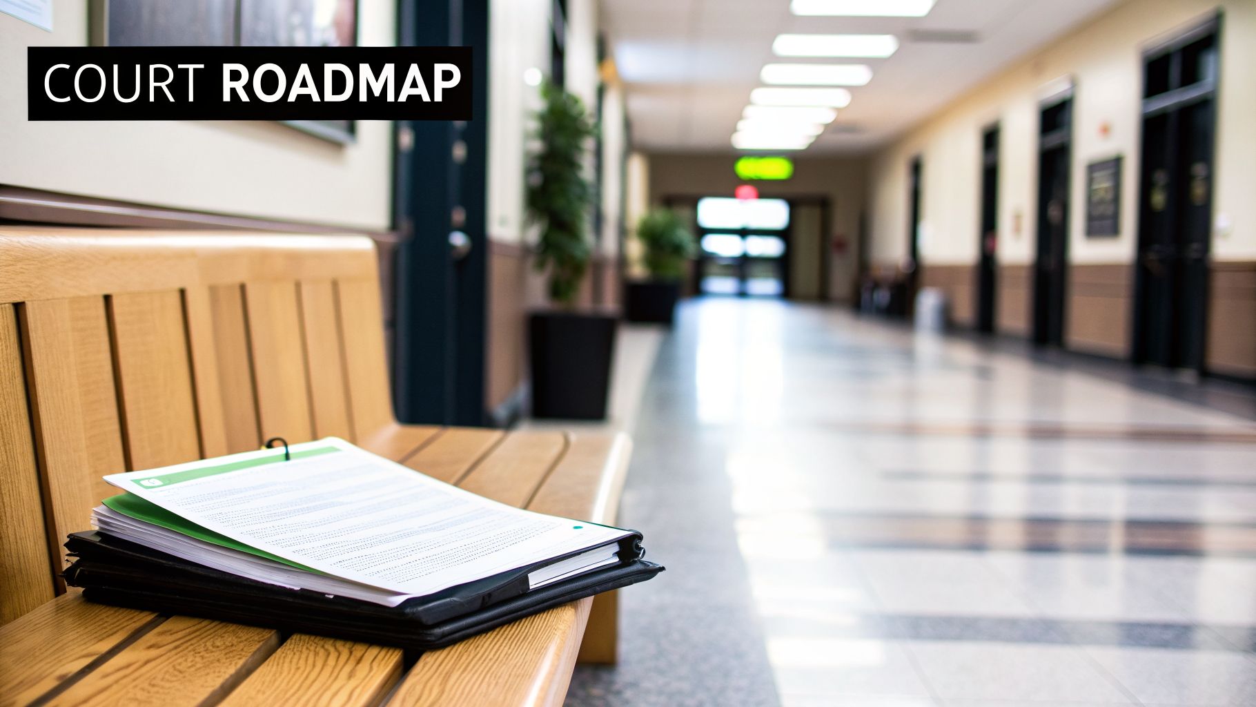 Court Roadmap documents and folders sit on a wooden bench inside a long, bright legal office hallway.