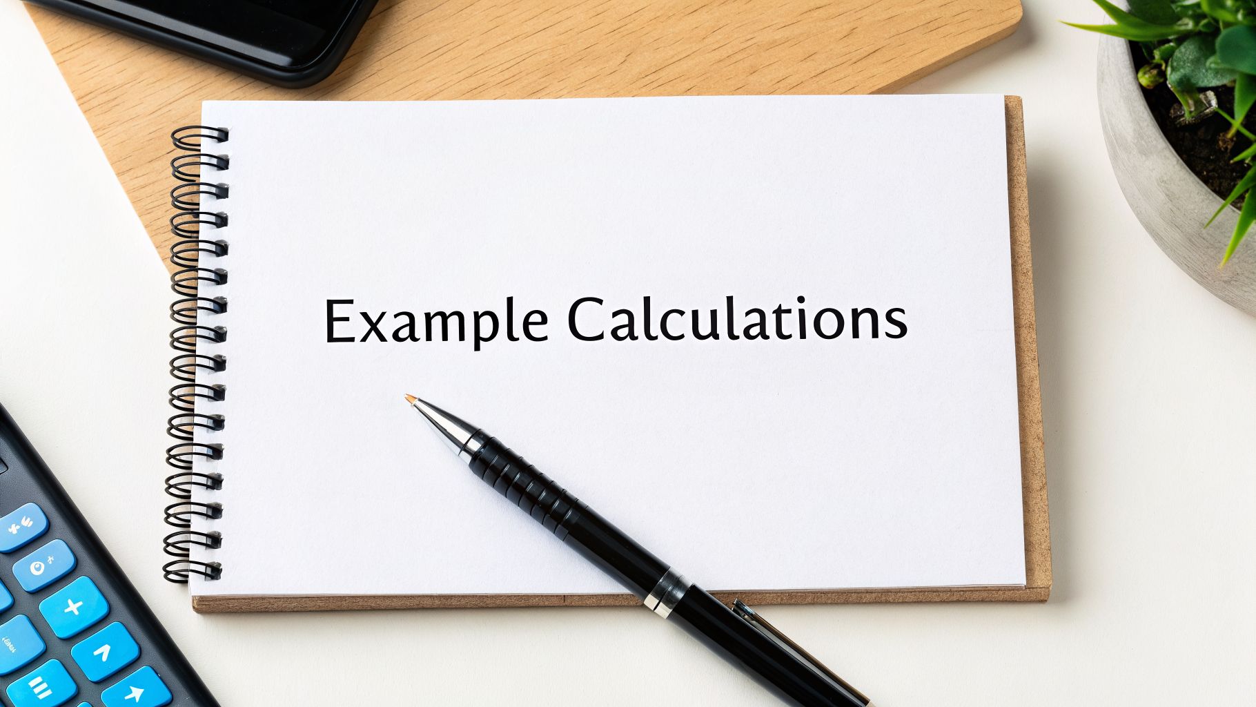 A spiral-bound notebook open to a page with 'Example Calculations' written on it, next to a pen and calculator.