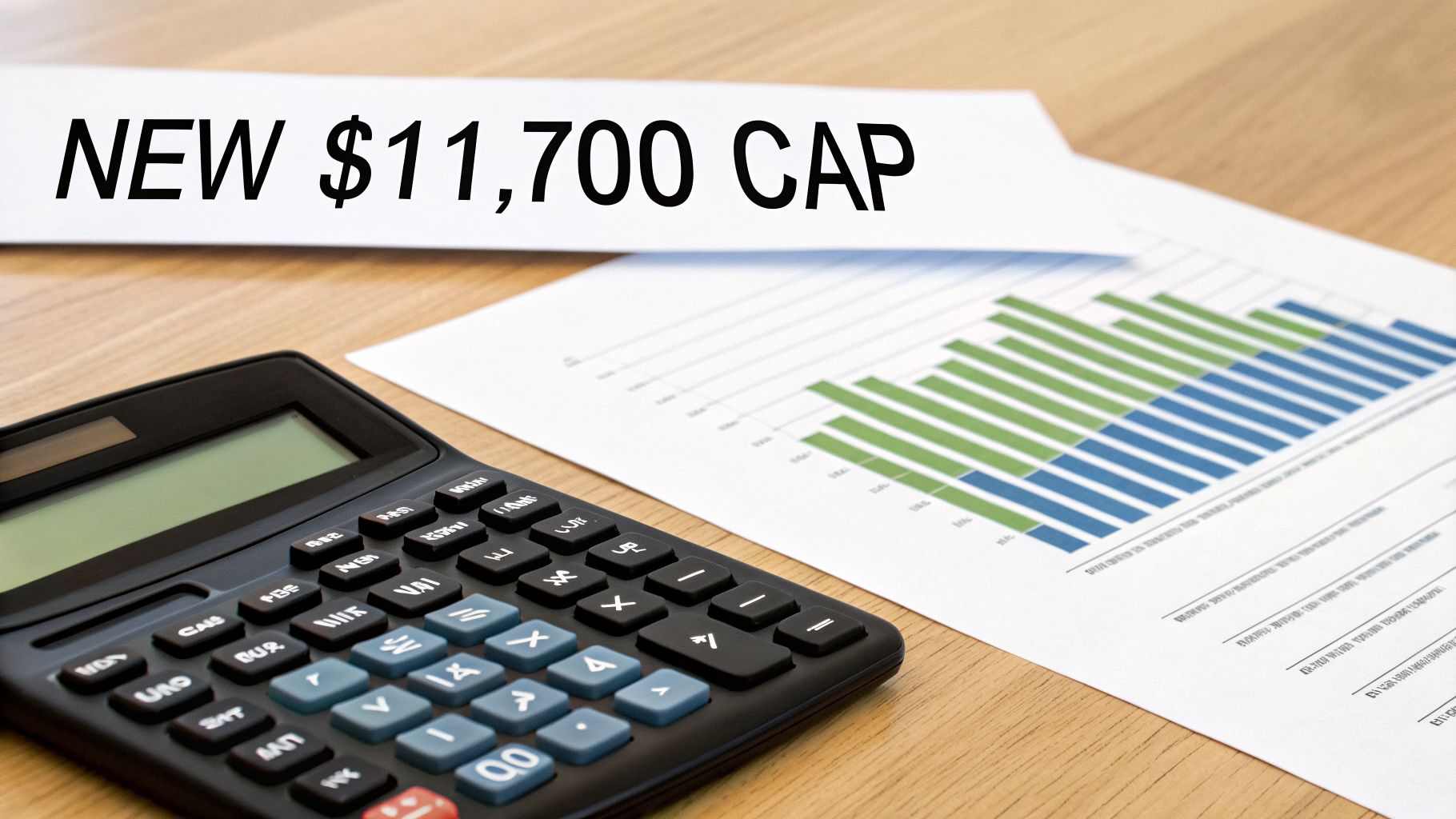 A calculator and financial documents on a wooden desk with a note about a new $11,700 cap.
