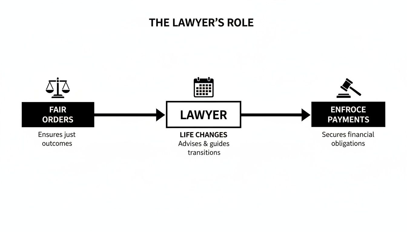 A flowchart illustrating the lawyer's role in fair orders, life changes, and enforcing payments.