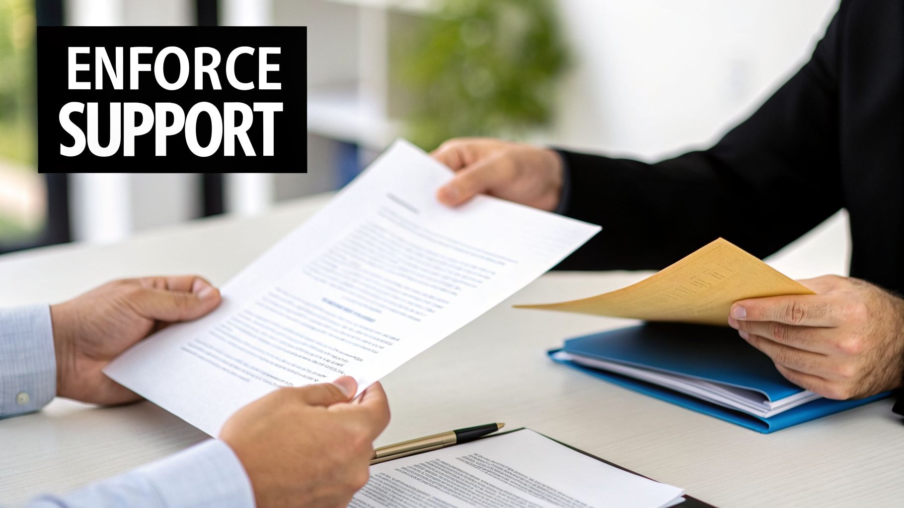 Two people exchanging legal documents on a desk, with 'ENFORCE SUPPORT' text overlay, suggesting legal proceedings.