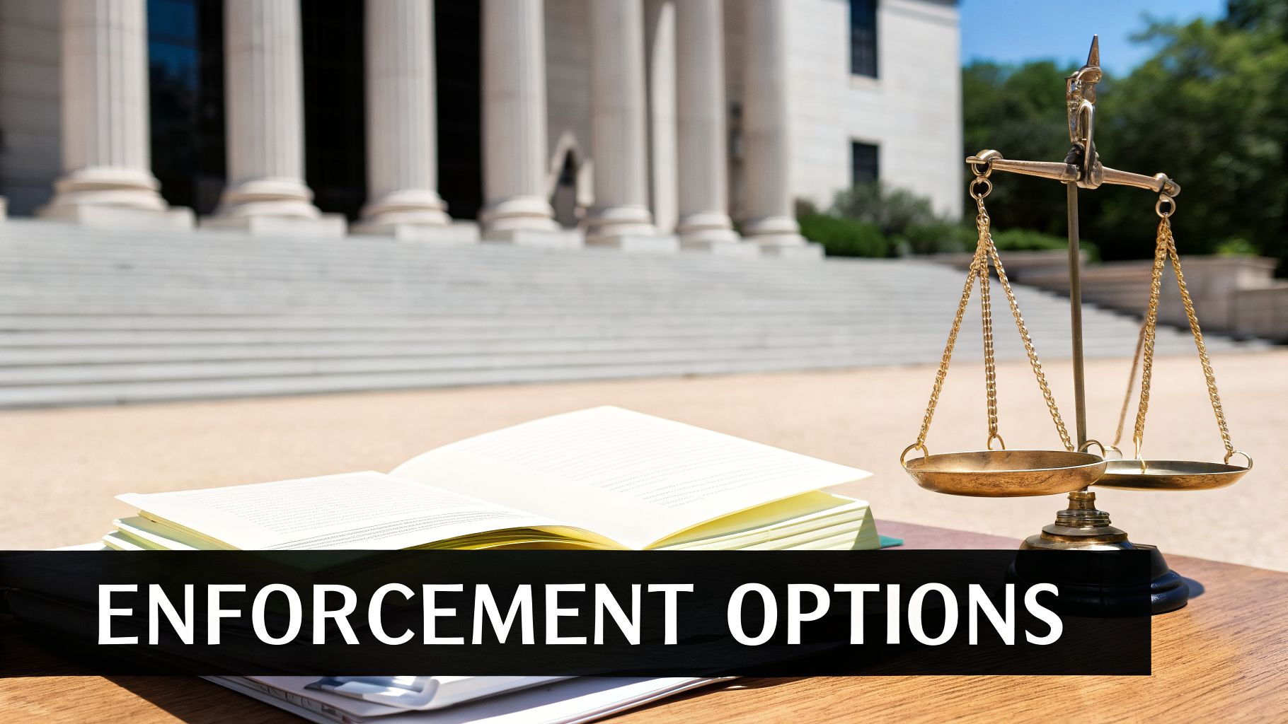 Scales of justice, legal book, and documents on a table in front of a court building with 'ENFORCEMENT OPTIONS' text.