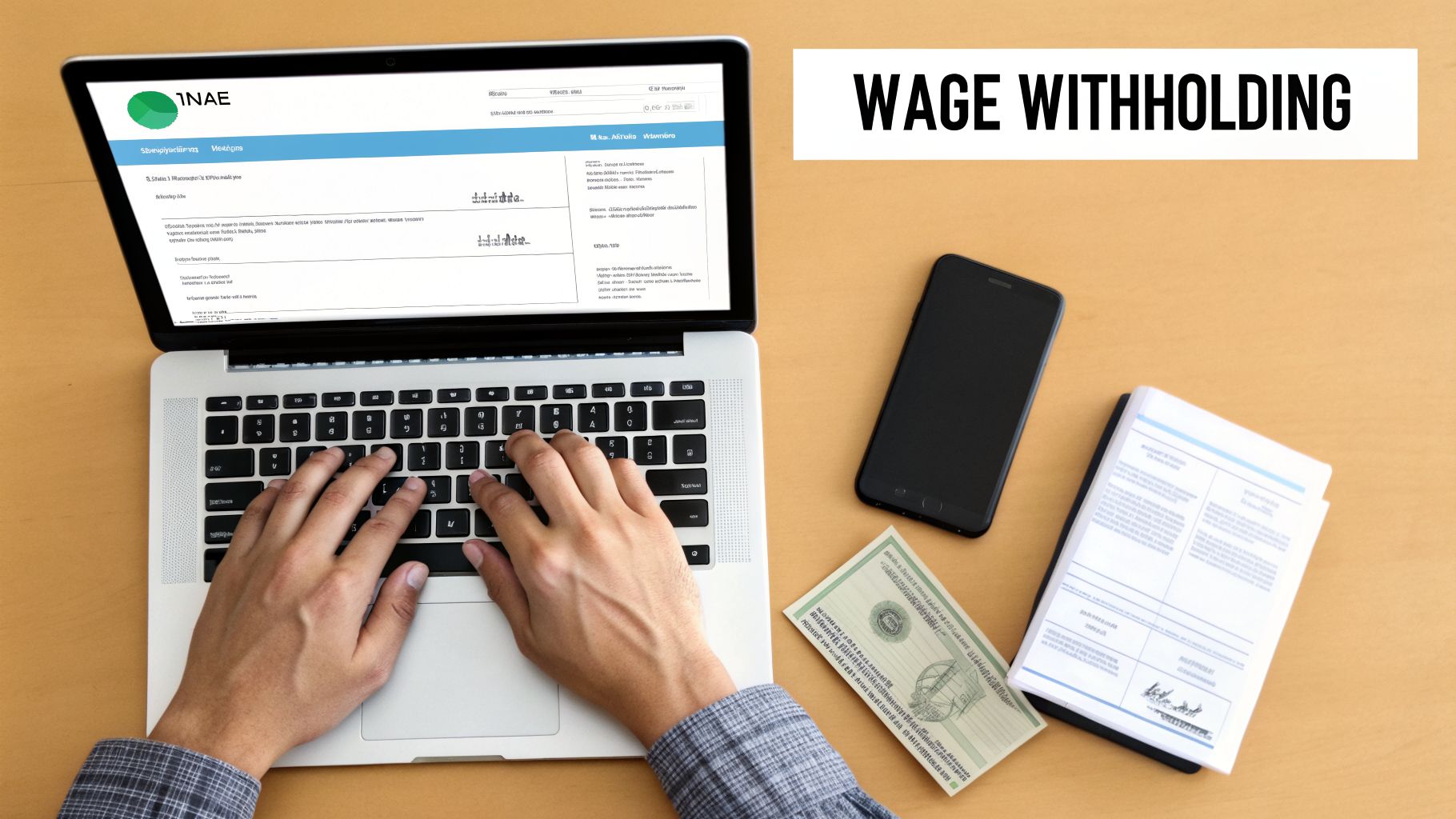 A person types on a laptop next to a smartphone, a financial document, and a bill on a wooden desk, with 'WAGE WITHHOLDING' text.