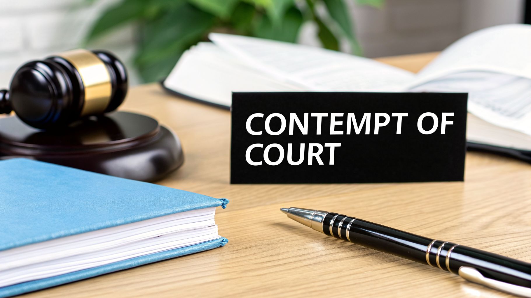 A gavel, 'Contempt of Court' sign, book, and pen on a desk, representing legal proceedings.
