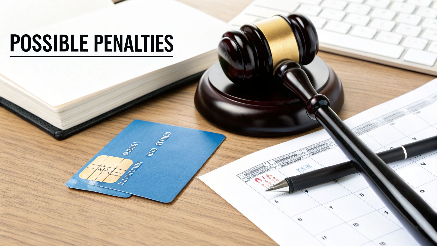 A gavel, credit card, pen, and document with 'POSSIBLE PENALTIES' text, symbolizing legal and financial repercussions.