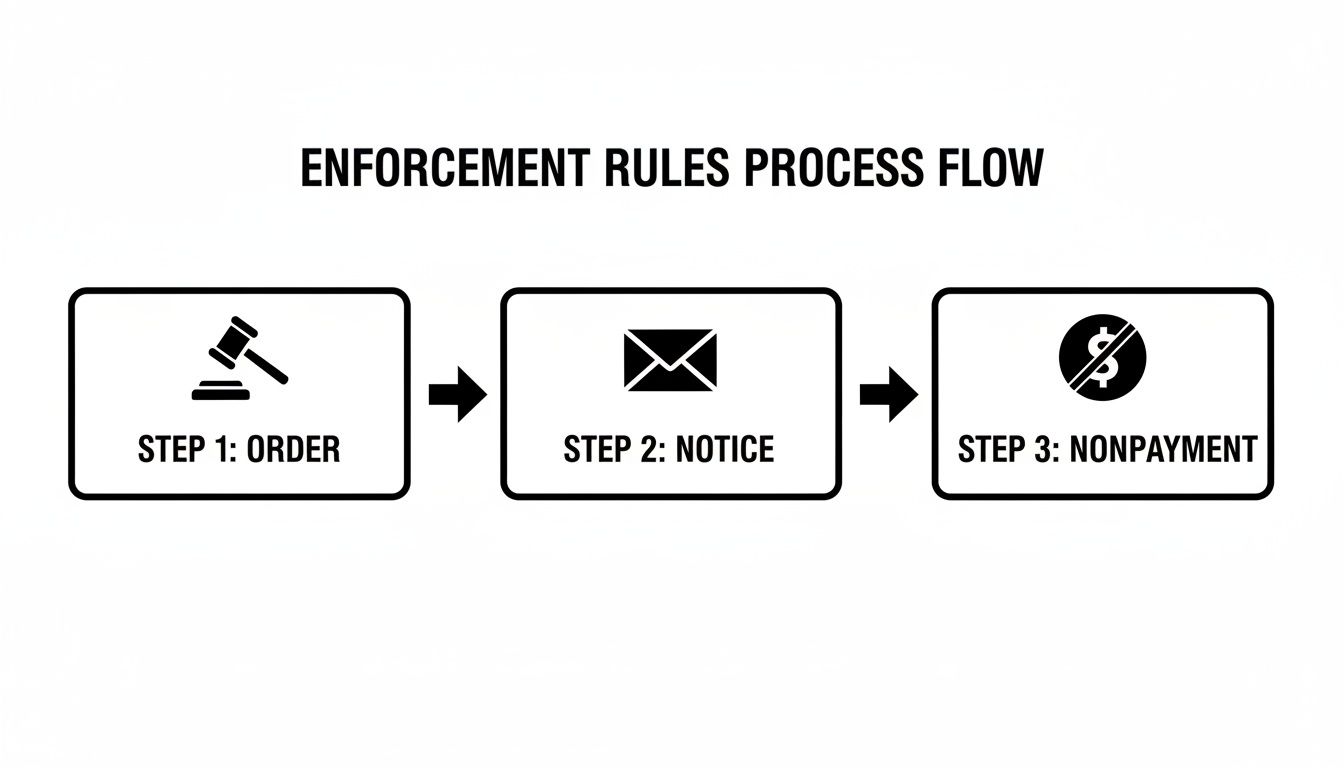 Flowchart showing enforcement rules process: Step 1 Order, Step 2 Notice, Step 3 Nonpayment.