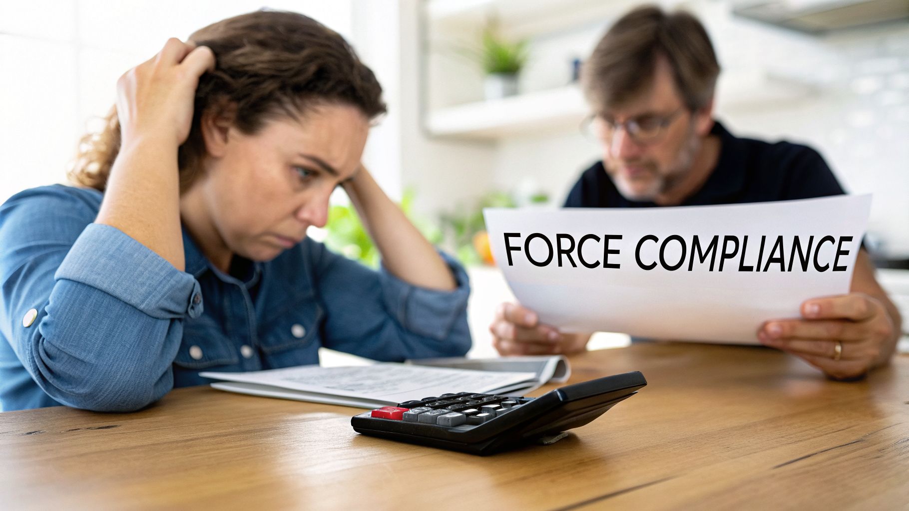 A distressed couple reviews documents showing 'FORCE COMPLIANCE', with a calculator on the table, indicating financial stress.