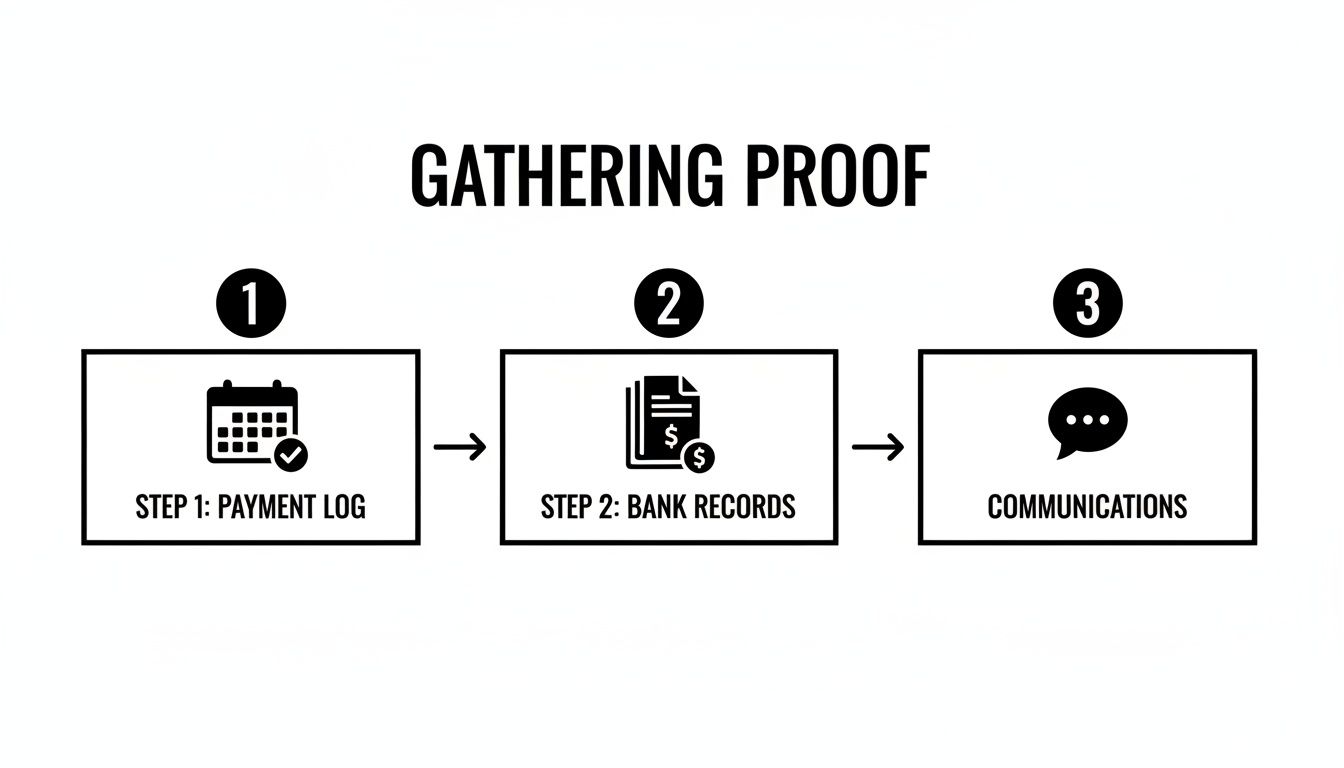 Flowchart illustrating three steps to gather proof: payment log, bank records, and communications.