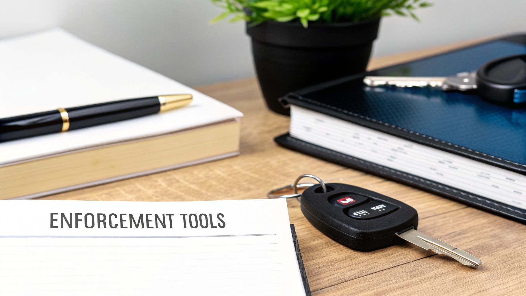 A desk with "ENFORCEMENT TOOLS" text, a car key, a pen, and two notebooks.