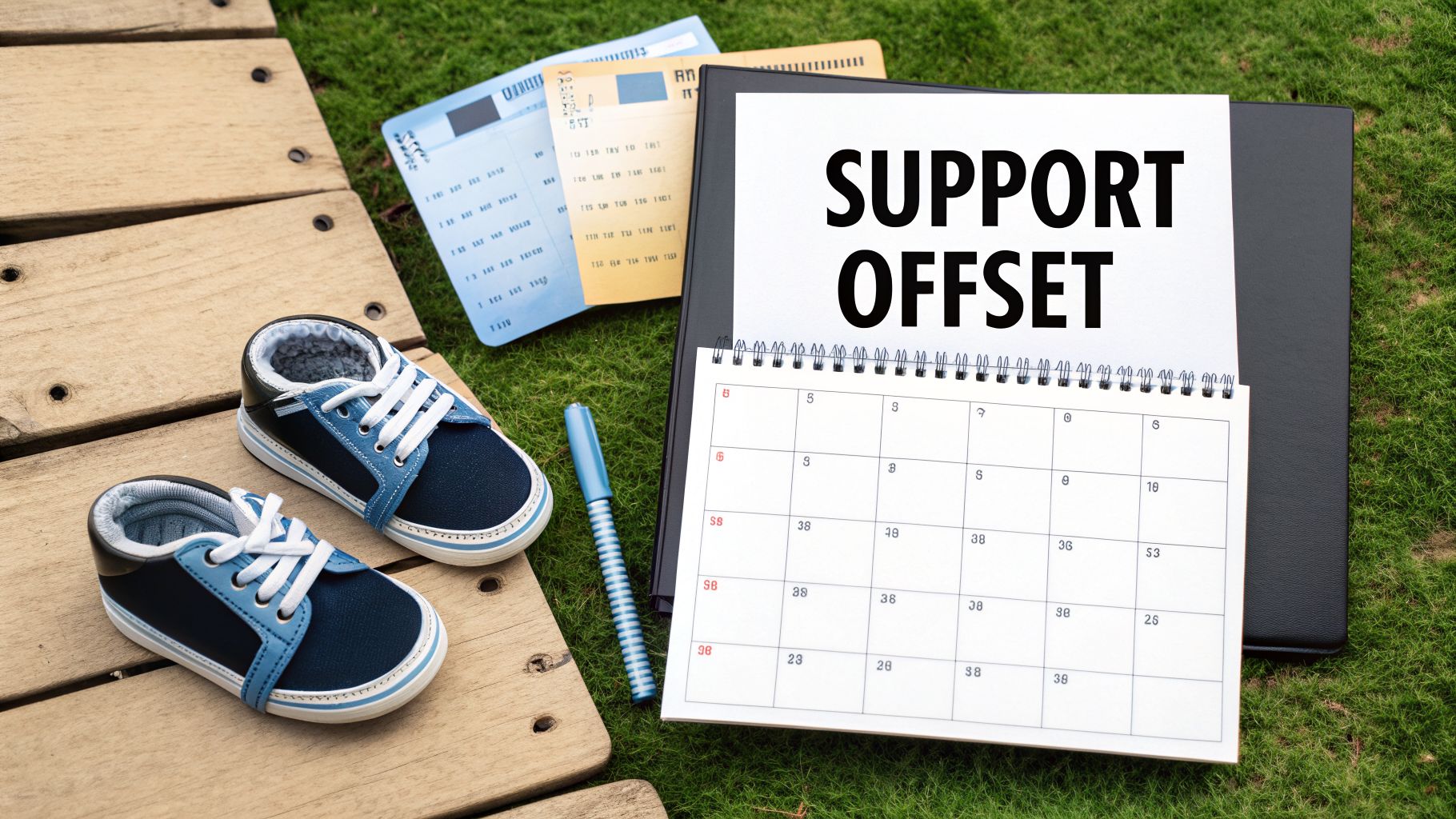 Baby shoes, financial documents, and a 'SUPPORT OFFSET' calendar, symbolizing child support planning.