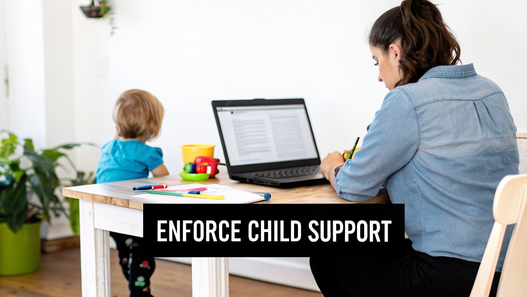 A woman works on a laptop at a table while a young child sits next to her. Text: ENFORCE CHILD SUPPORT.