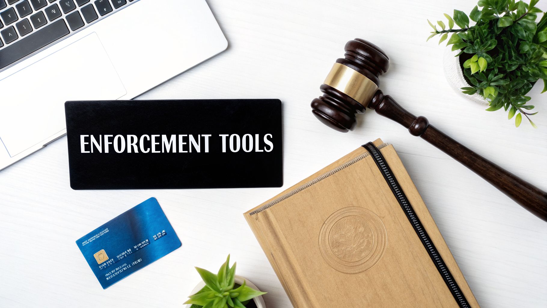 Flat lay of enforcement tools, including a sign, gavel, laptop, credit card, and notebook.