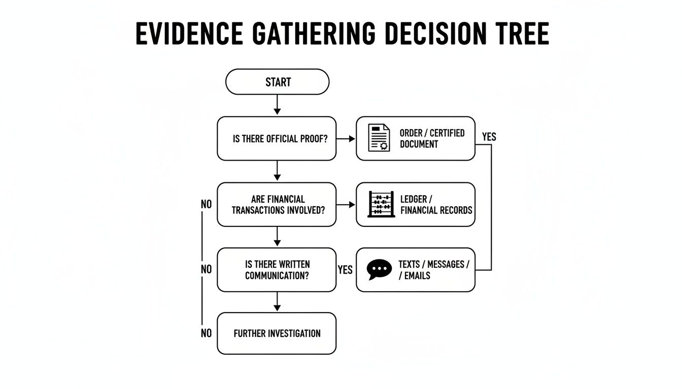 Decision tree flowchart for evidence gathering, including official proof, financial records, and written communication.
