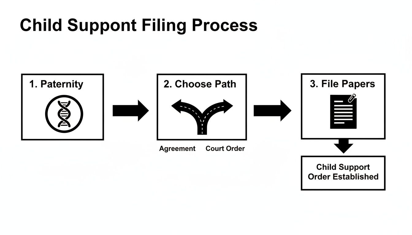 A flowchart illustrating the child support filing process with steps: Paternity, Choose Path (Agreement/Court Order), and File Papers, leading to an established order.