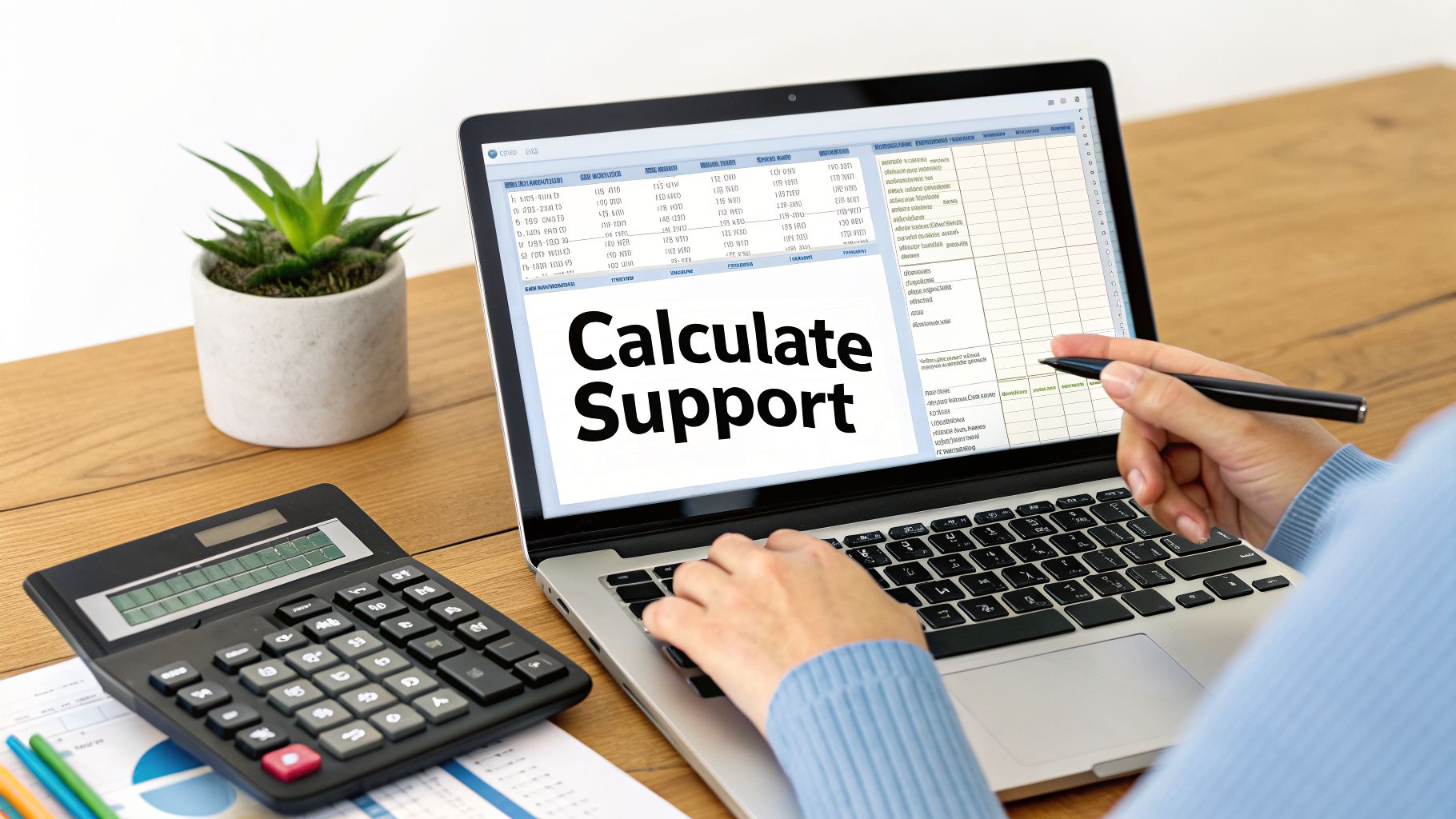 Hands typing on a laptop displaying 'Calculate Support' next to a calculator and plant.