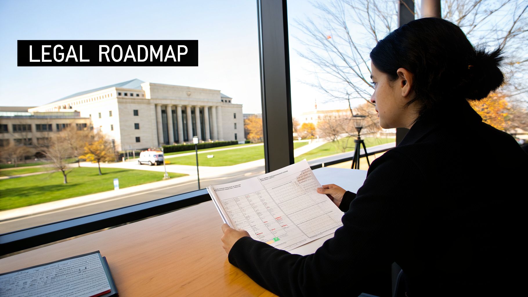 A person reviews a legal document at a table with a university campus view.