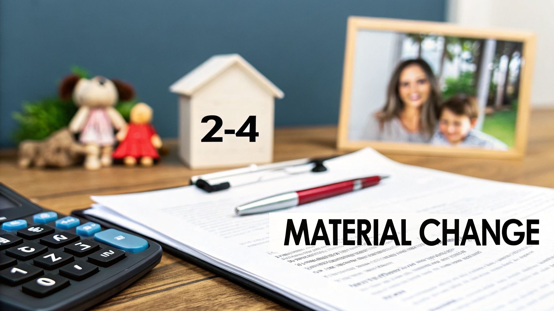 Desk with calculator, legal documents, pens, house model '2-4', and a framed family photo. Text: MATERIAL CHANGE.