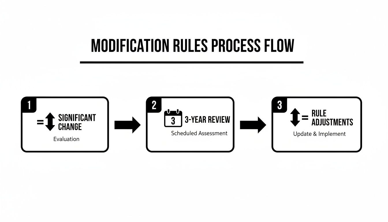 A process flow diagram illustrates the modification rules, including significant change evaluation, 3-year review, and rule adjustments.