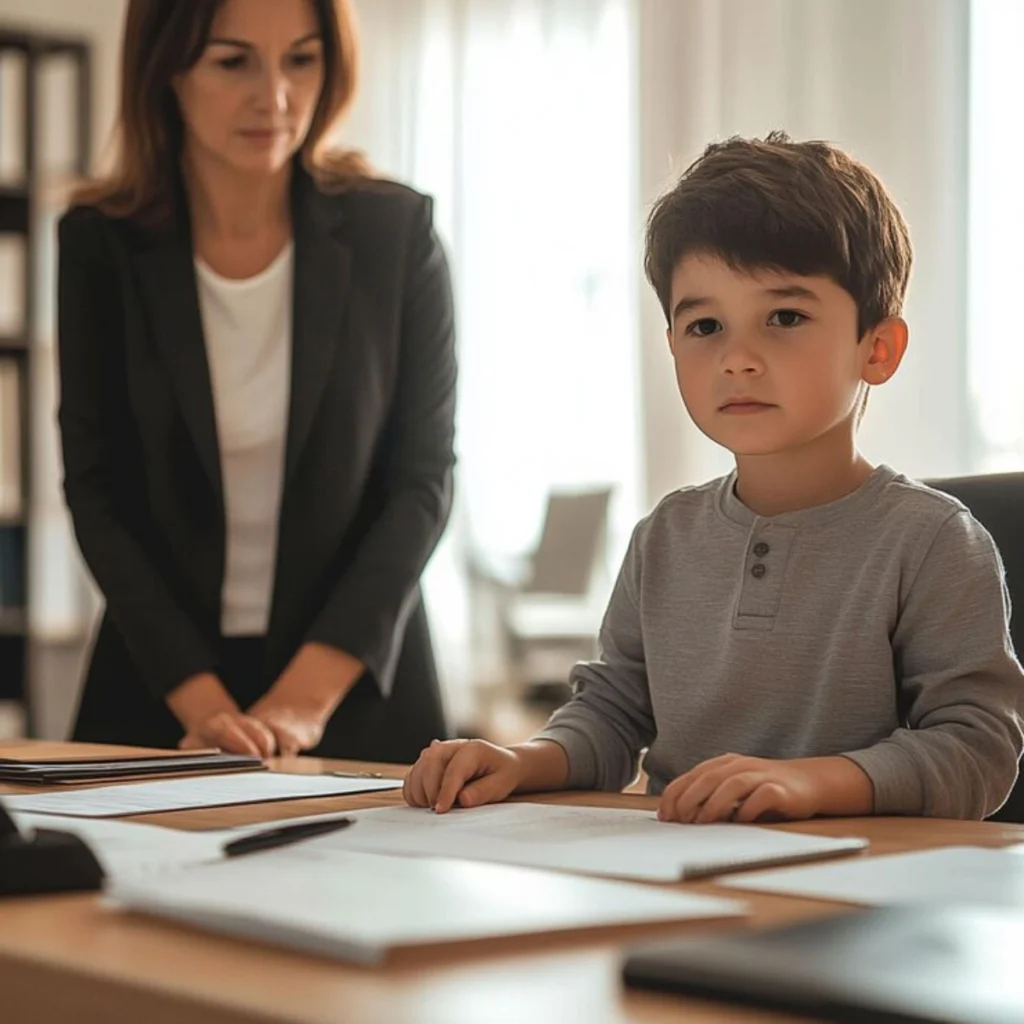 Child support attorney standing beside young boy reviewing documents at desk