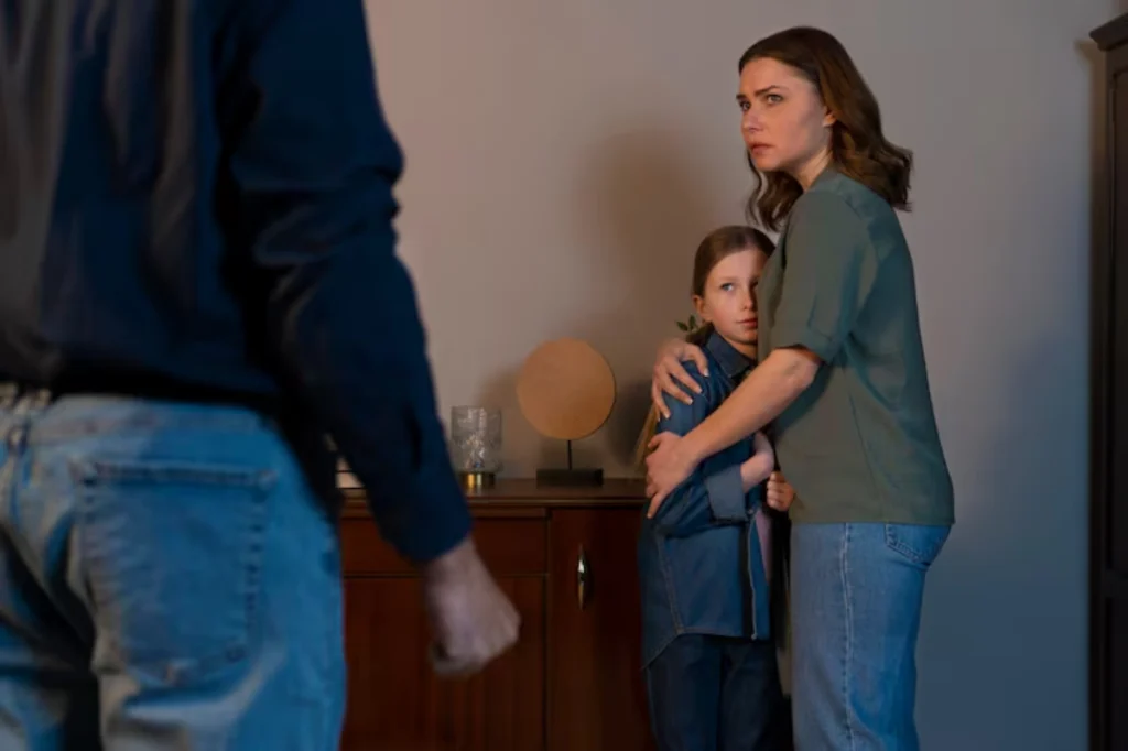 Mother protecting child during child support custody dispute at home