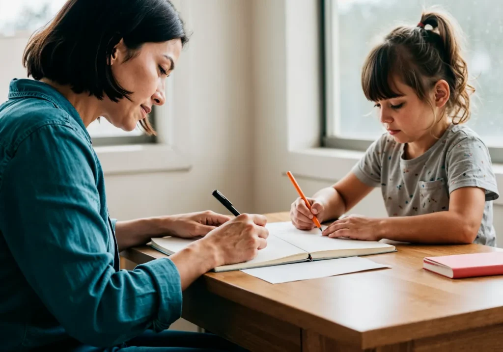 Mother and daughter writing in notebooks at table in child support context