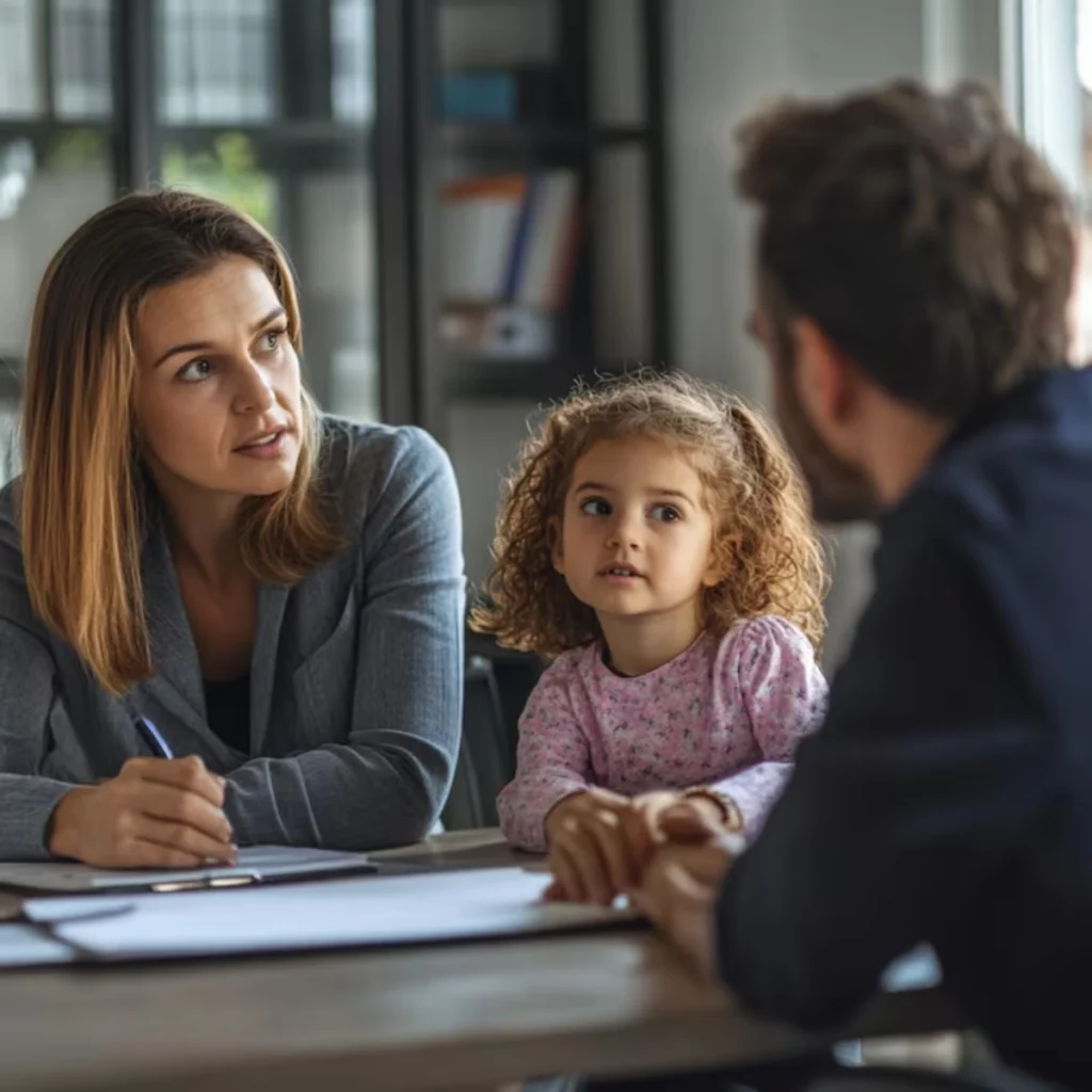 Child support attorney meeting with parents and young child