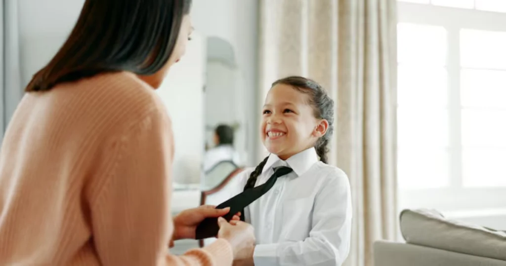 Mother adjusting daughter’s tie before school in child support context
