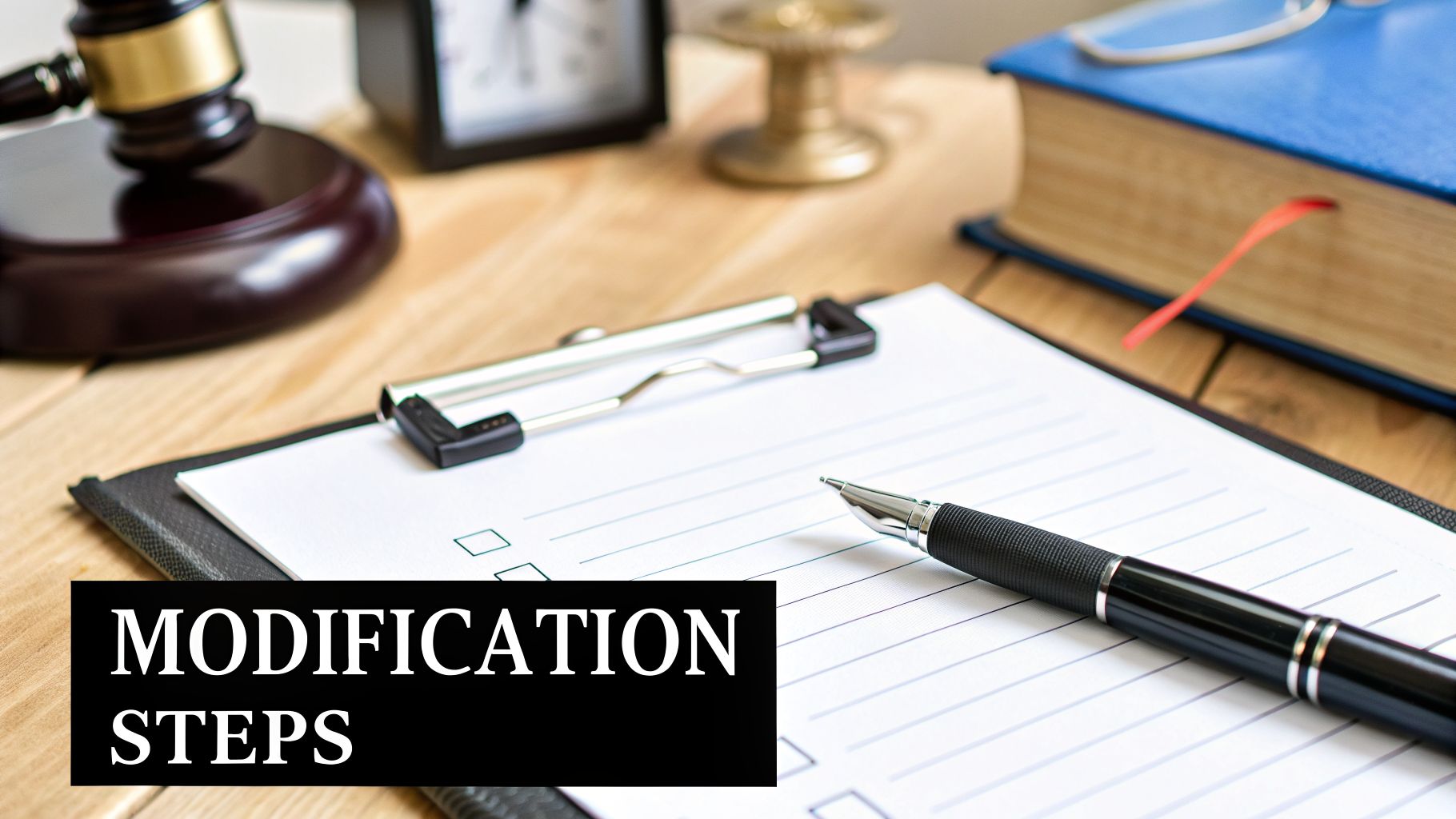 A pen on a checklist clipboard, gavel, and law book on a wooden desk, symbolizing modification steps.