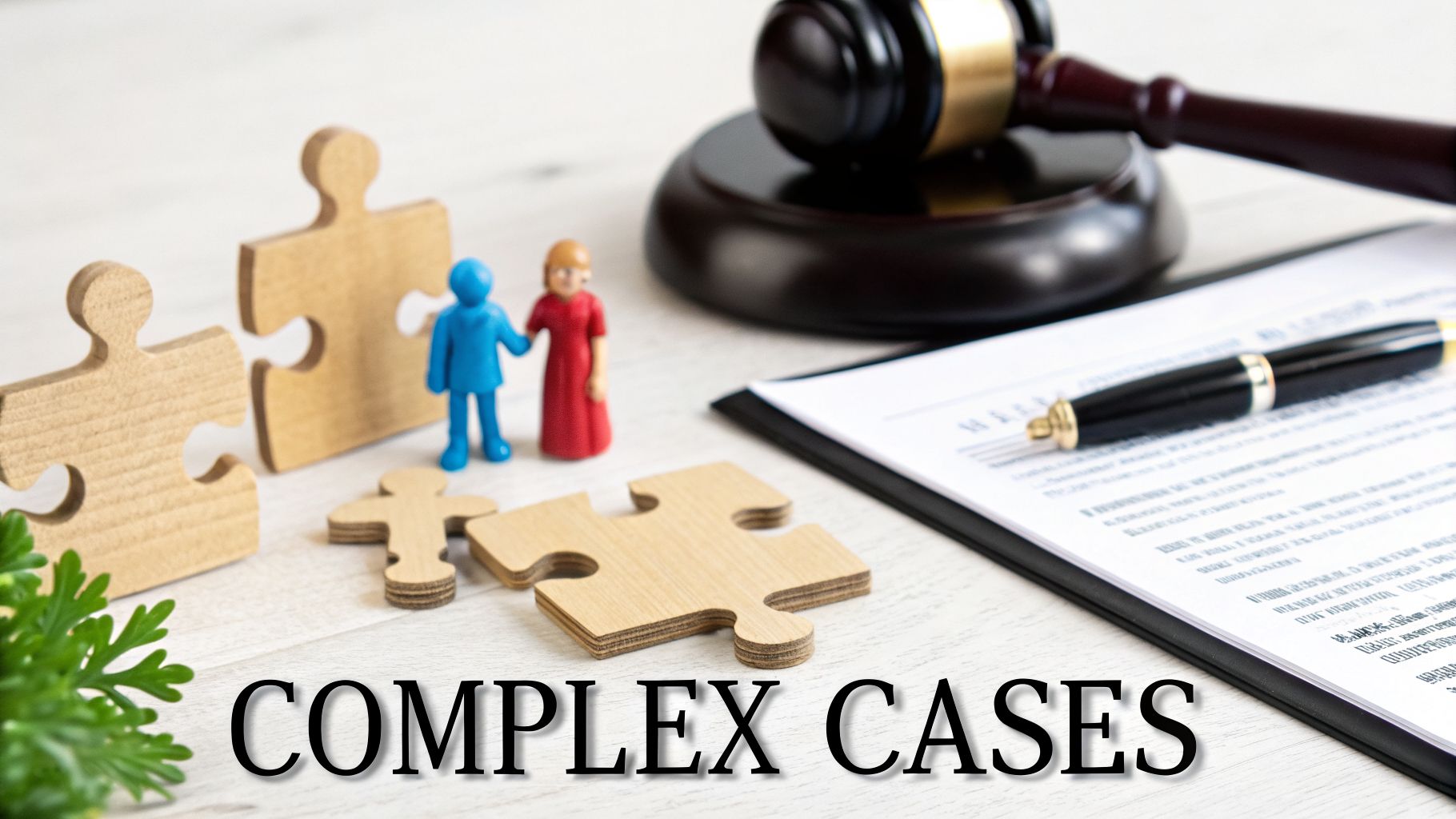 A judge's gavel, puzzle pieces, figurines, and document symbolizing complex legal and family cases.