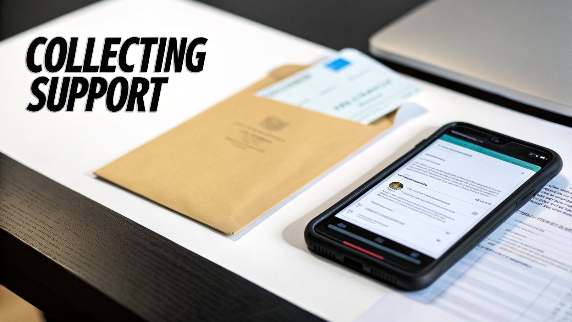 A desk with an open brown envelope, documents, a smartphone displaying text, and the words 'COLLECTING SUPPORT'.
