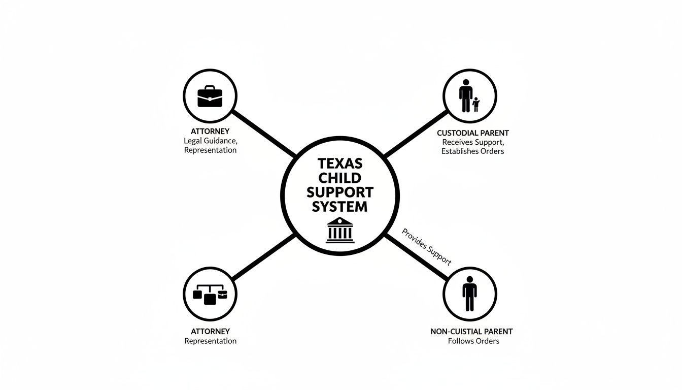 A diagram illustrating the Texas Child Support System, showing connections between attorneys, custodial parents, and non-custodial parents.