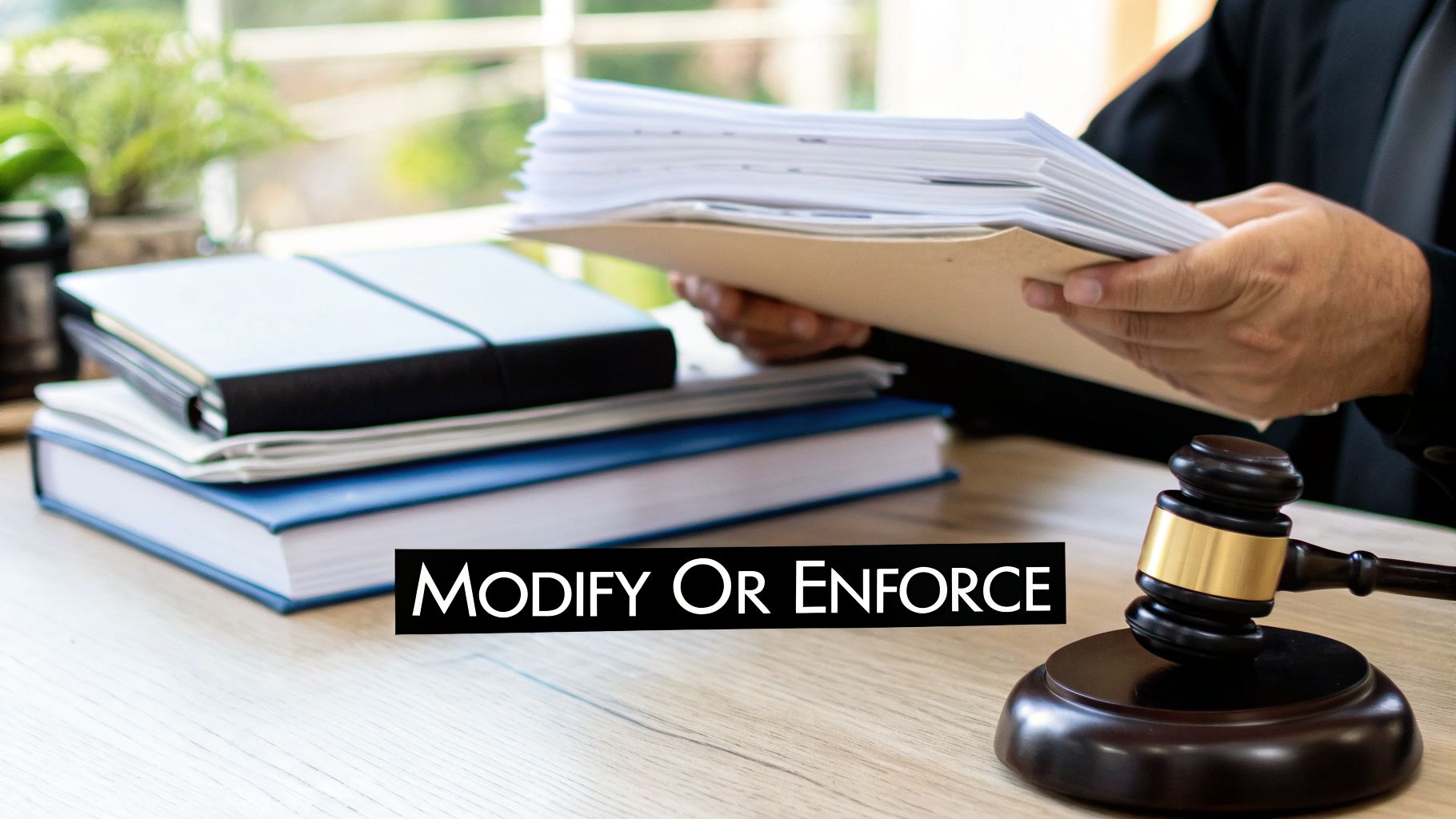 A legal professional reviews documents on a desk with books and a gavel, featuring the text 'Modify Or Enforce'.