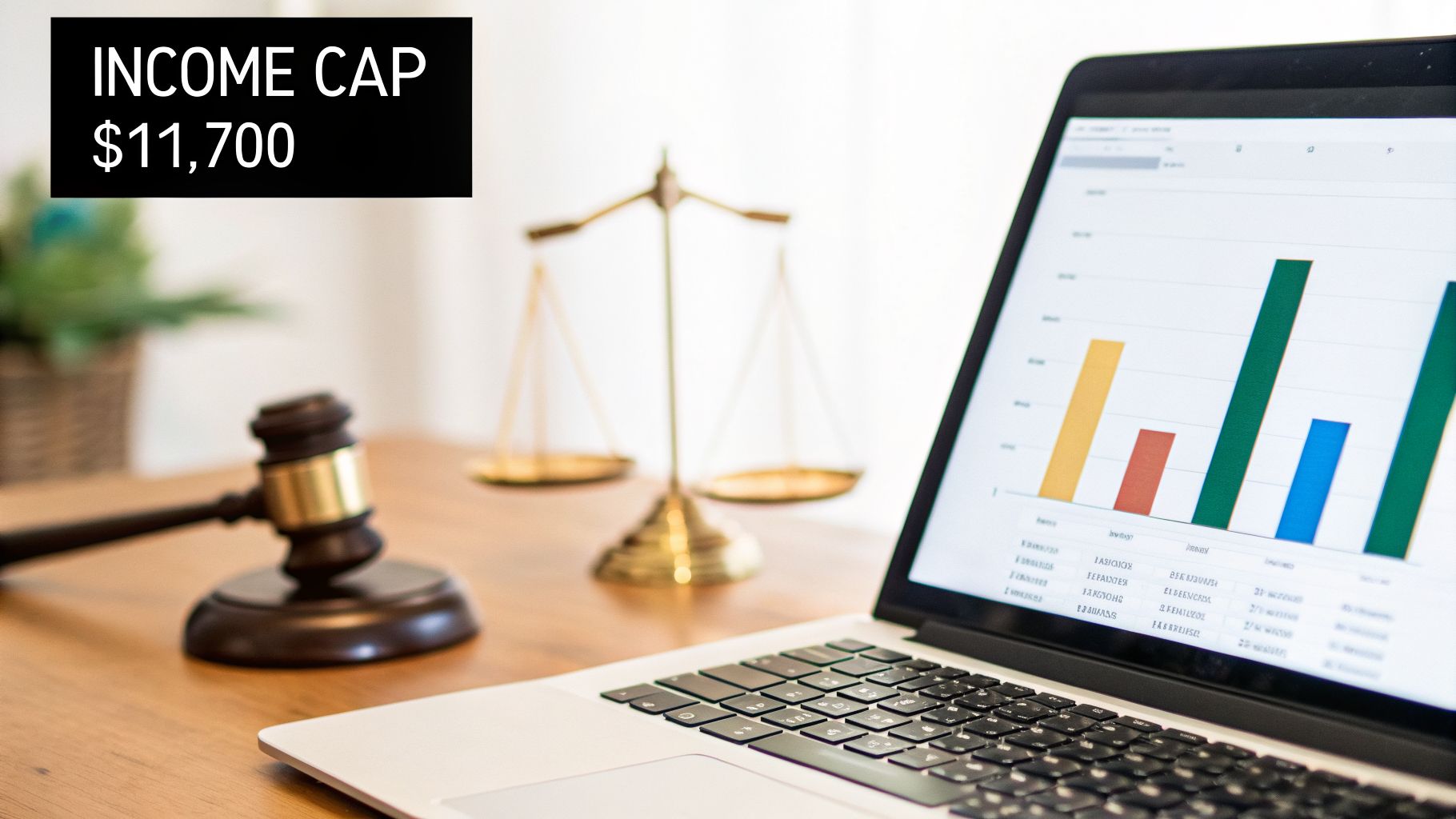 A legal setup with a gavel, scales of justice, laptop showing financial charts, and text 'INCOME CAP $11,700'.