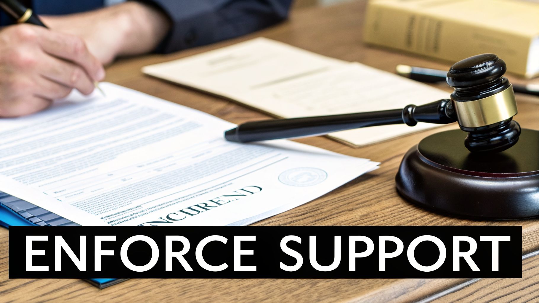 A person signs legal documents on a wooden desk with a gavel and the text "ENFORCE SUPPORT".
