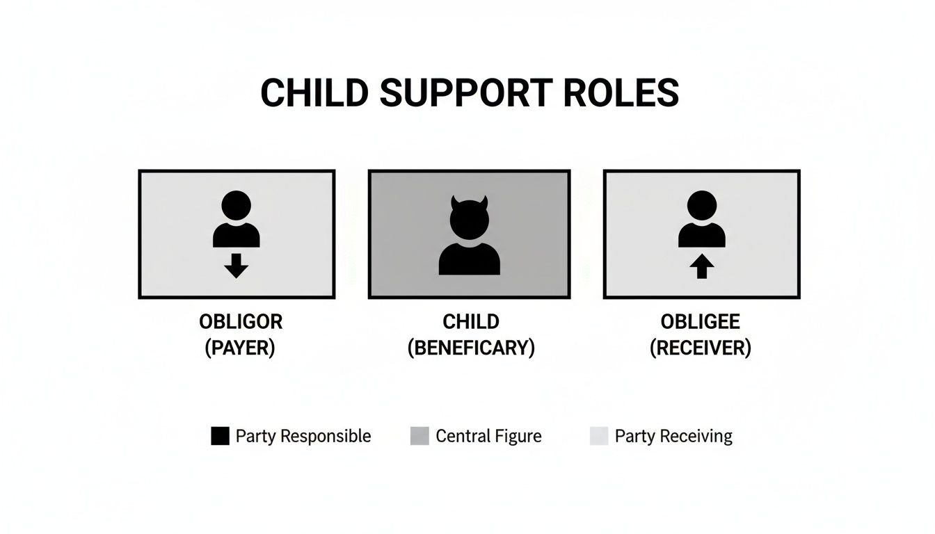 Diagram illustrating child support roles: obligor (payer) sends, child (beneficiary) and obligee (receiver).