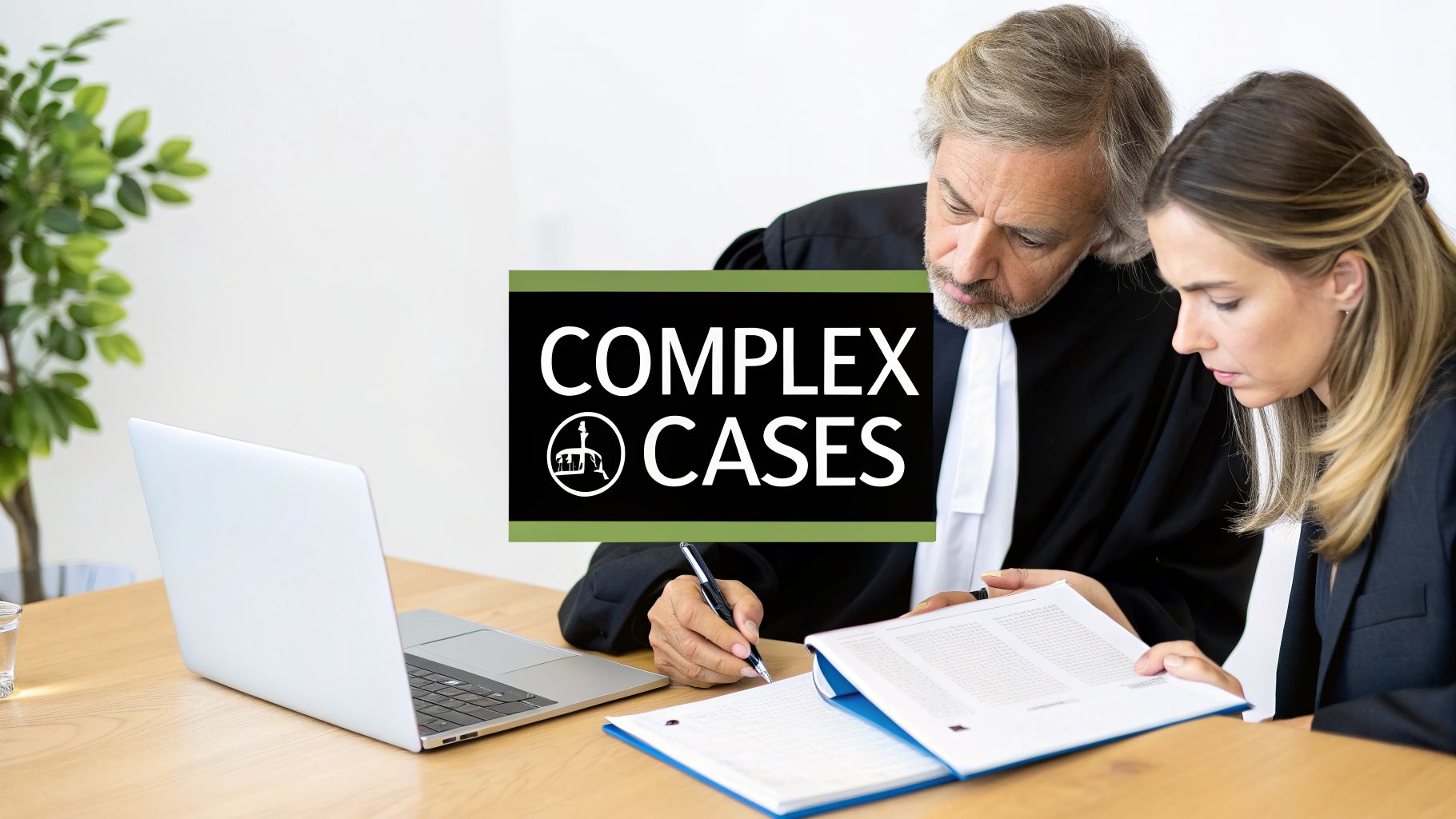 Two legal professionals, an older man and a younger woman, reviewing documents about complex cases at a table.