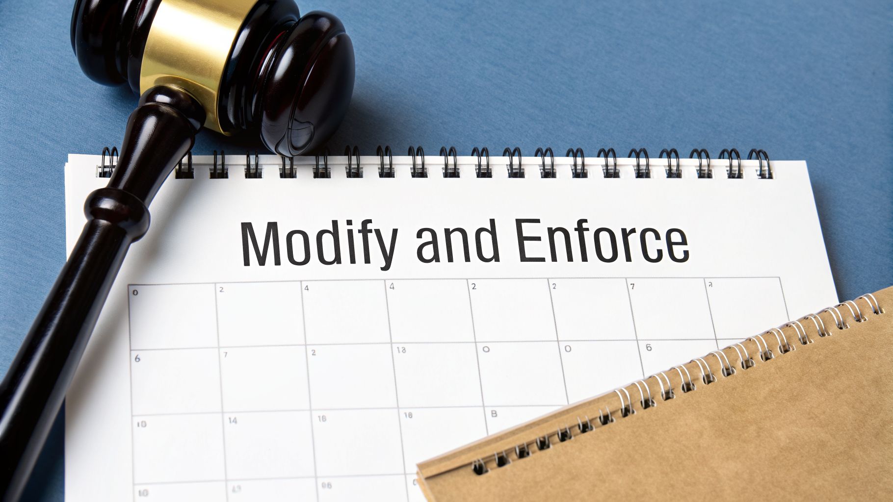 Gavel resting on a calendar page displaying 'Modify and Enforce,' symbolizing legal action.