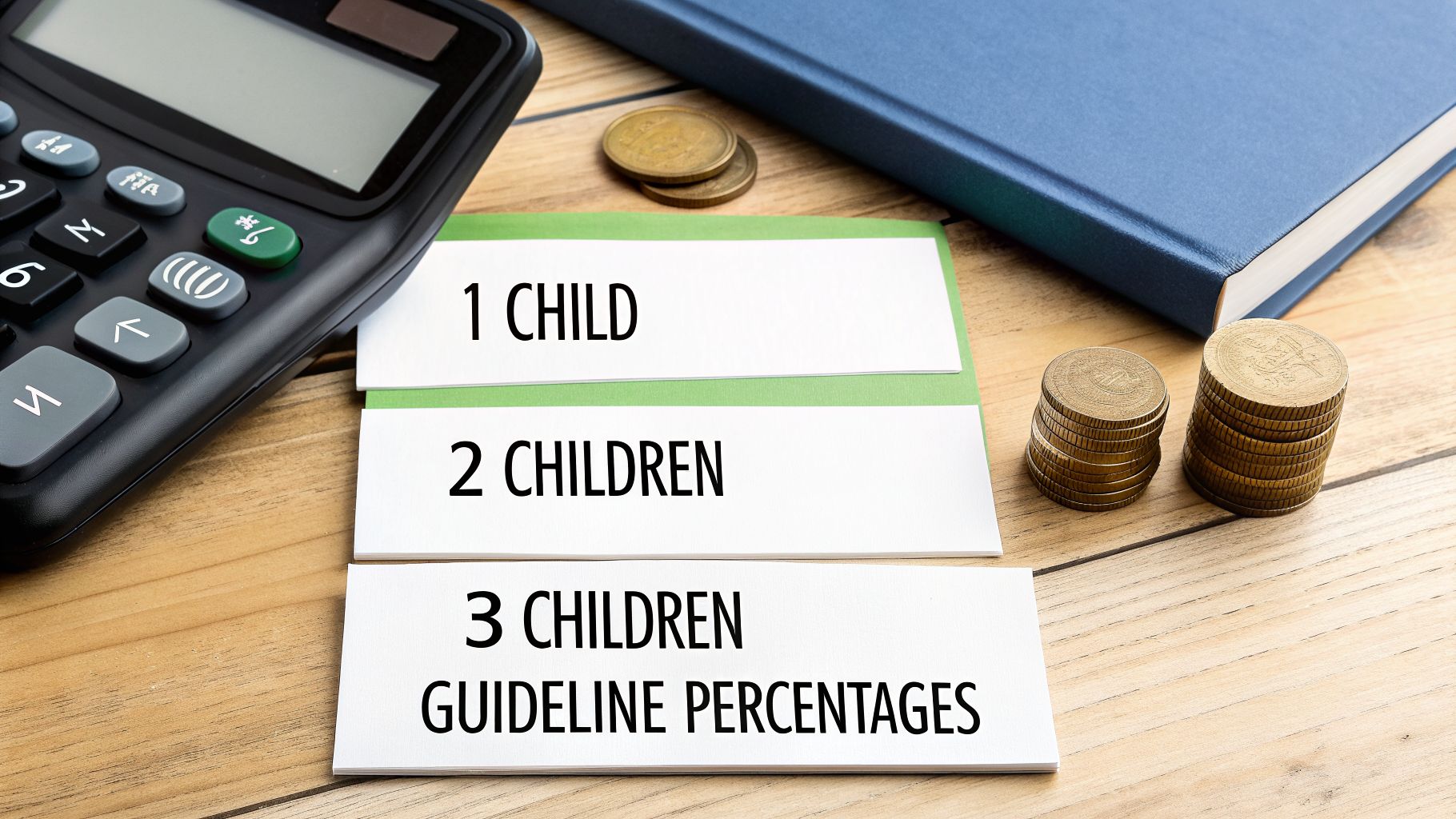 A calculator, coins, and cards detailing '1 Child', '2 Children', '3 Children', and 'Guideline Percentages'.