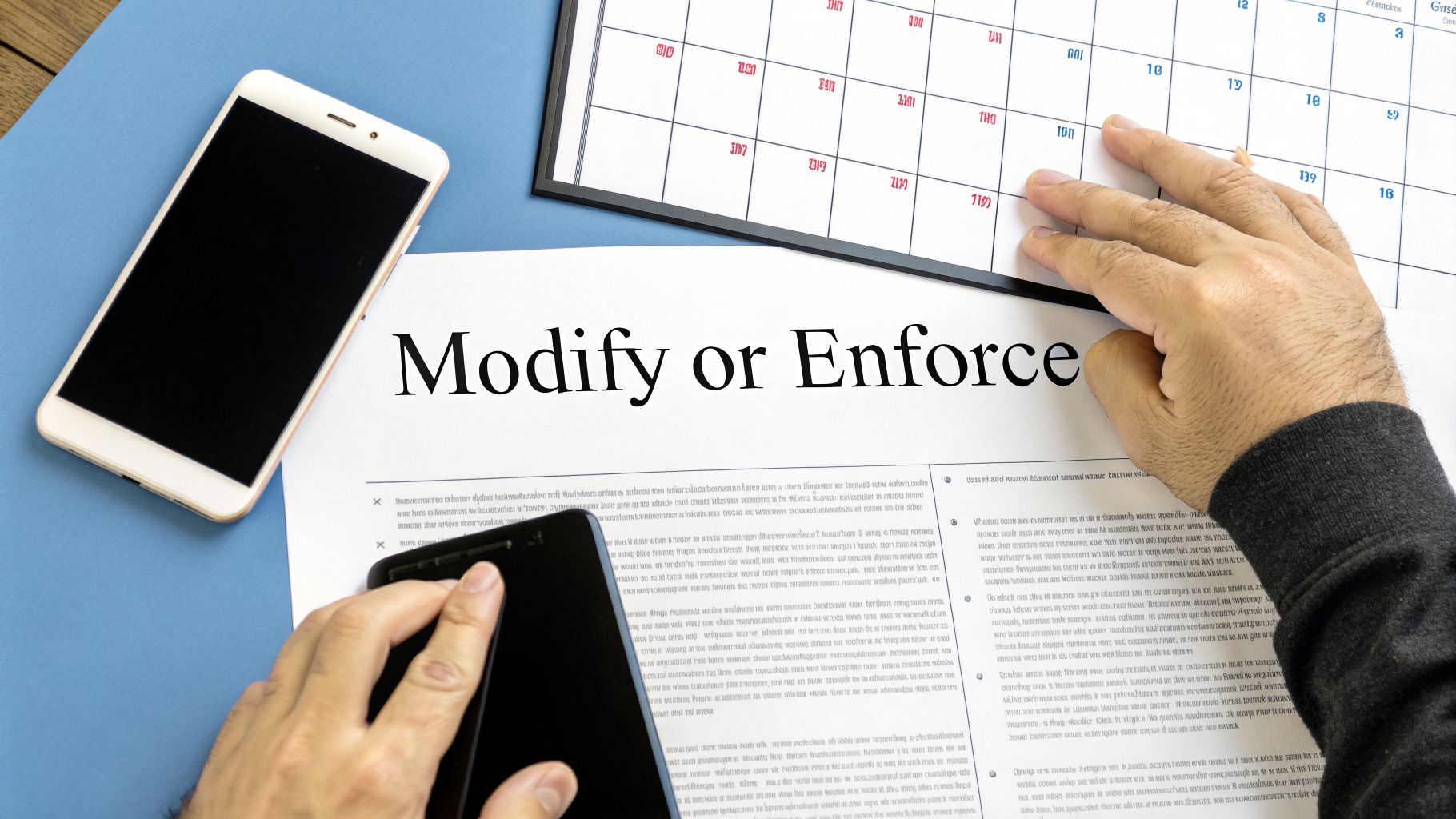 Hands interacting with a document titled 'Modify or Enforce', a calendar, and two smartphones on a blue desk.