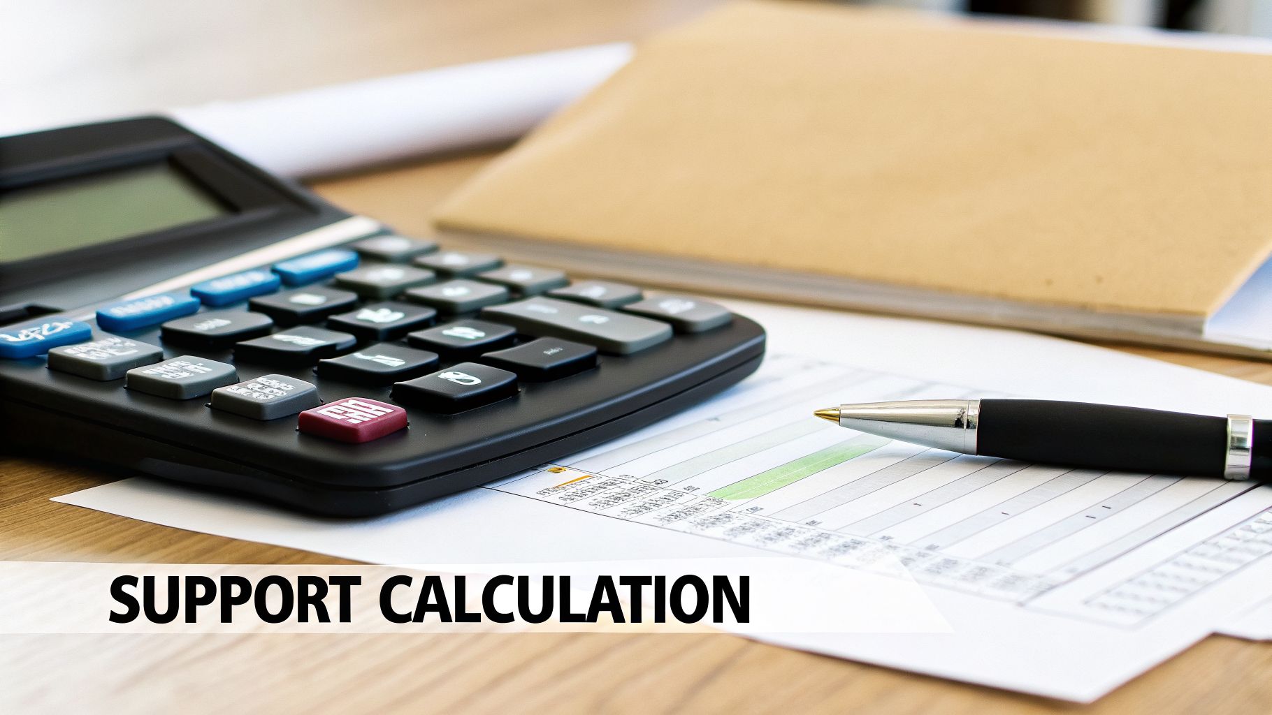 A close-up of a calculator, pen, and financial documents on a wooden desk.