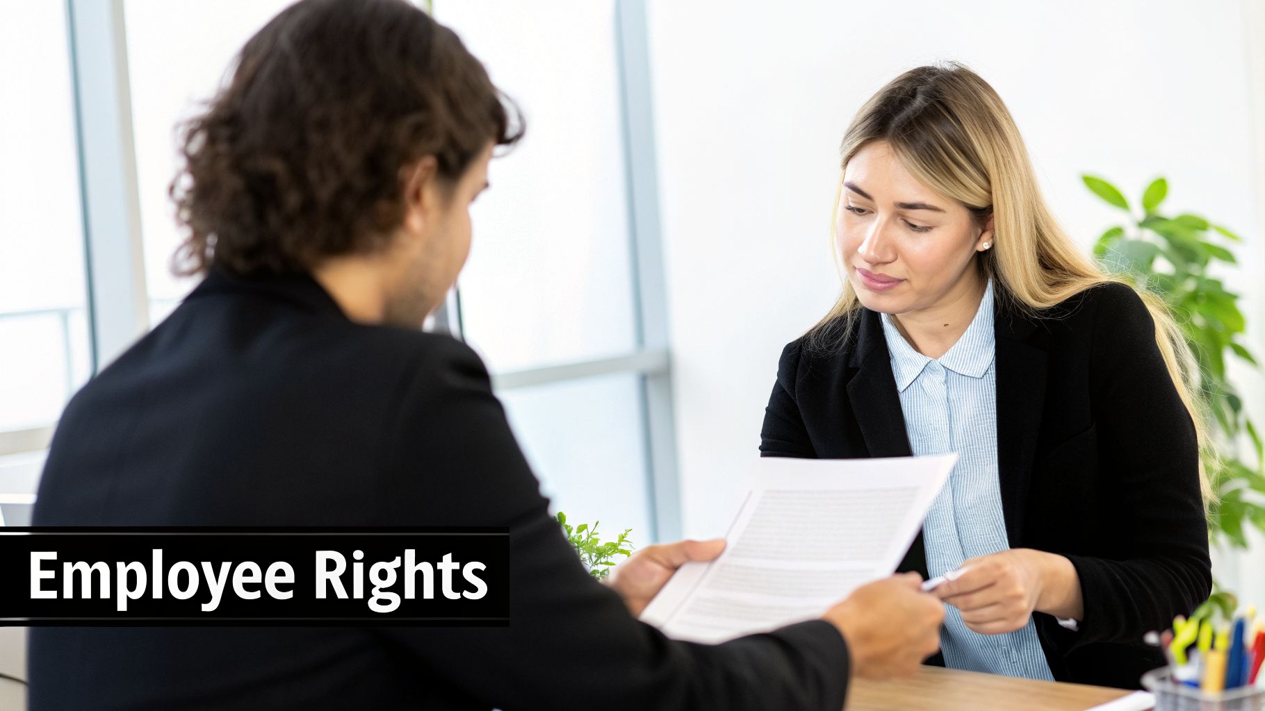 Two business professionals reviewing documents together in an office, with 'Employee Rights' text overlay.
