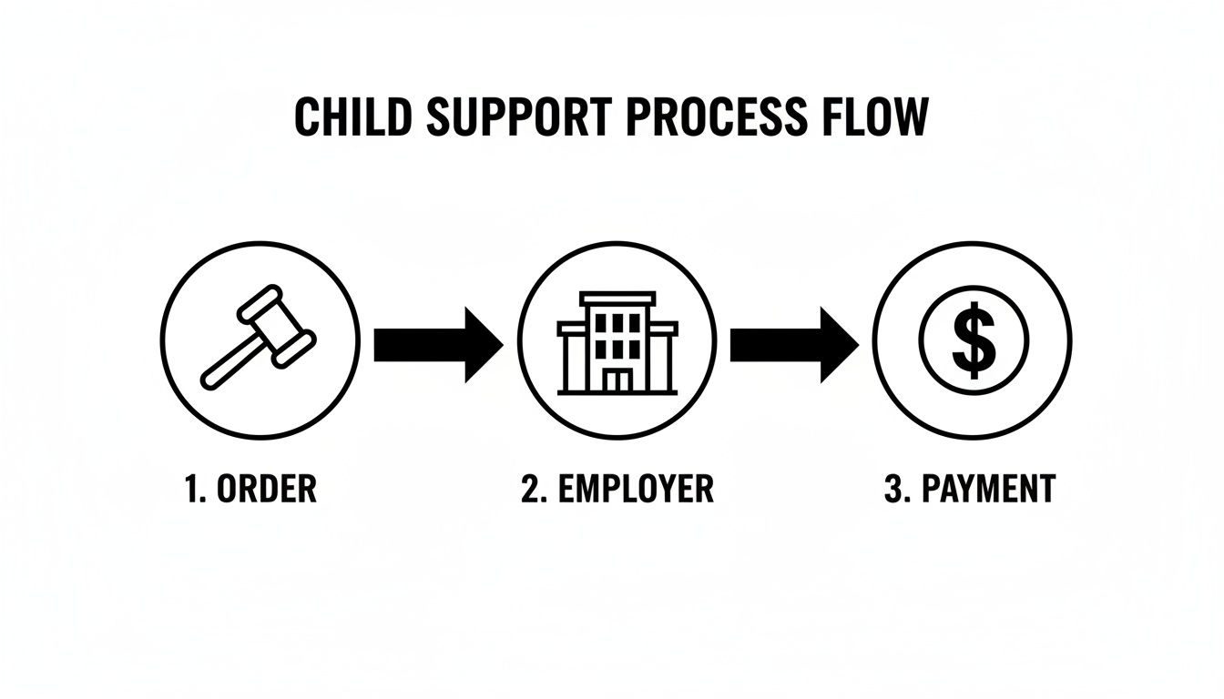 Flowchart illustrating the child support enforcement process, from court order through employer payments.