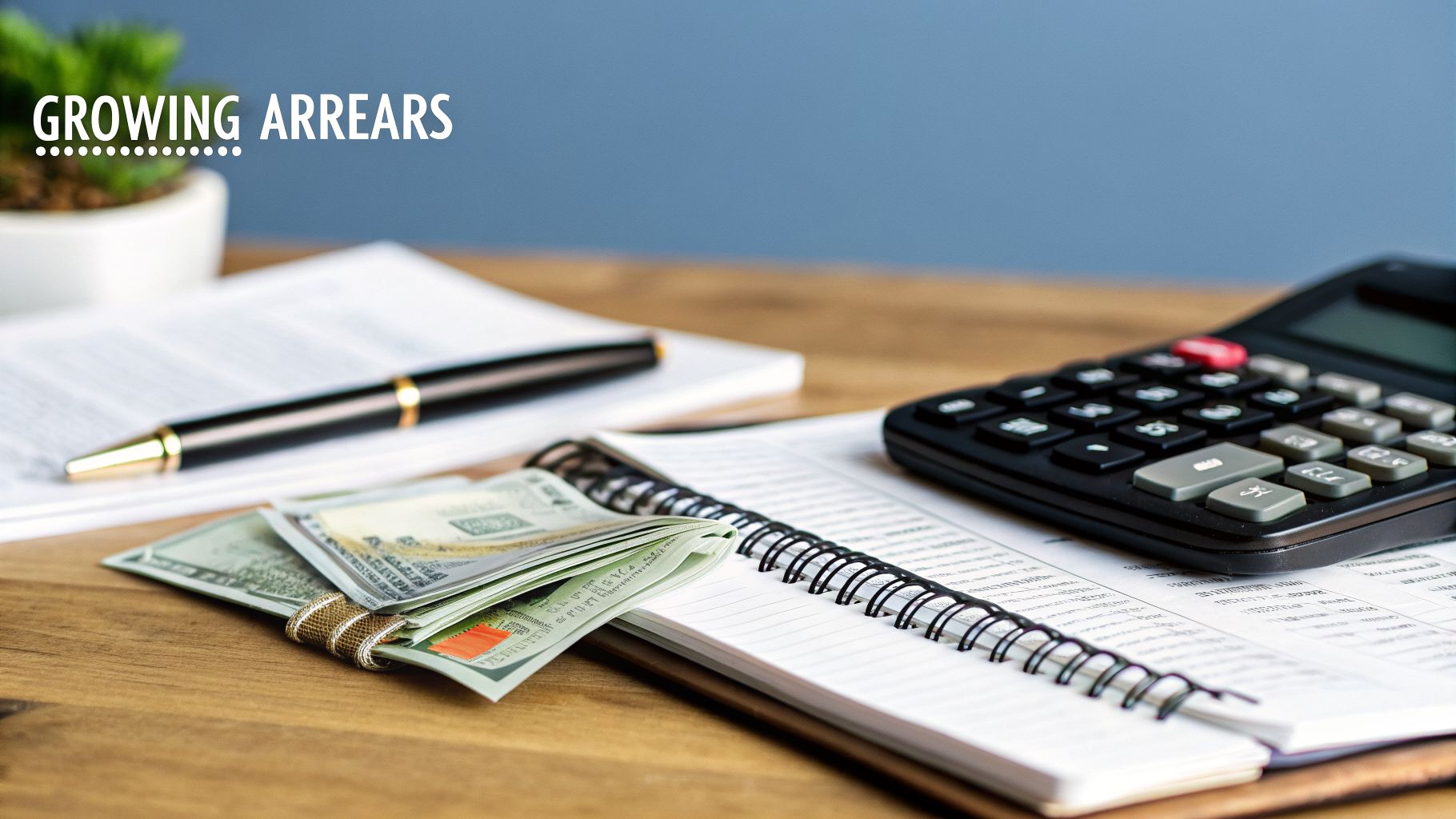 Calculator, notebooks, pen, and US dollar bills on a wooden desk, symbolizing growing financial arrears.
