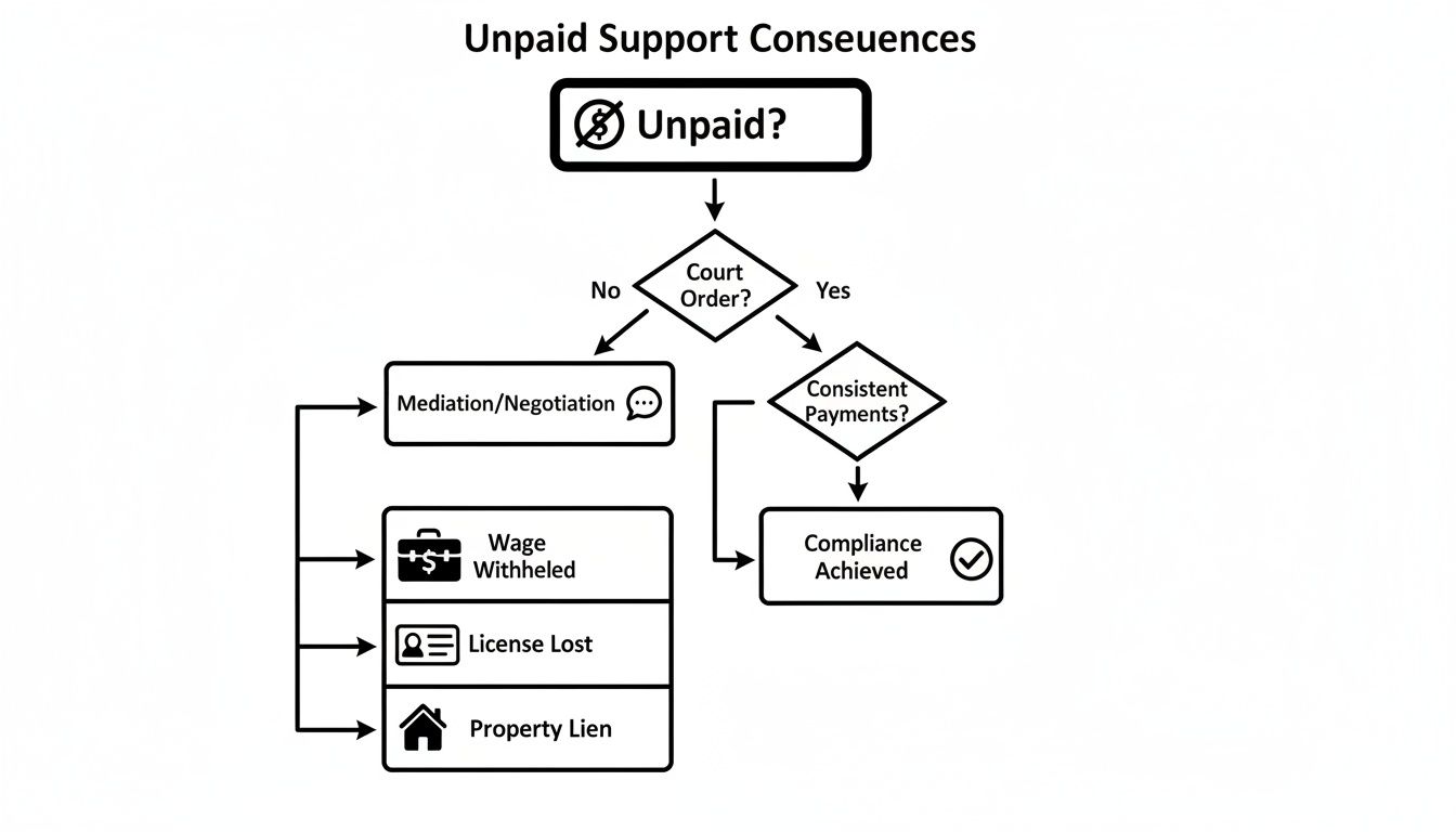A flowchart illustrating the consequences of unpaid support, including court orders, mediation, wage withholding, and property liens.